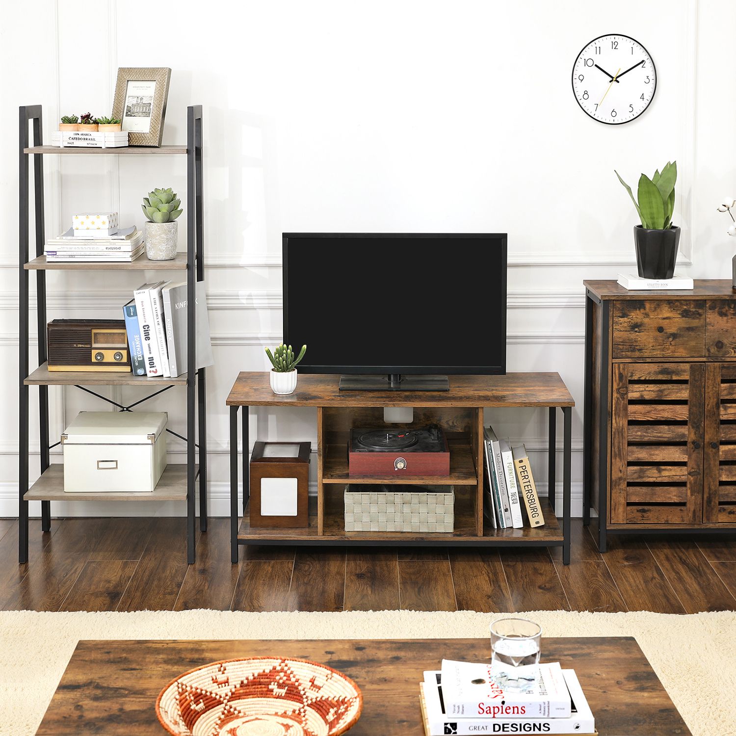 Floor Cabinet, Freestanding Cabinet with 1 Drawer and Shelf, Kitchen Storage Cabinet, Louvered Doors, for Living Room, Hallway, Office, Bedroom, Rustic Brown - Image 4