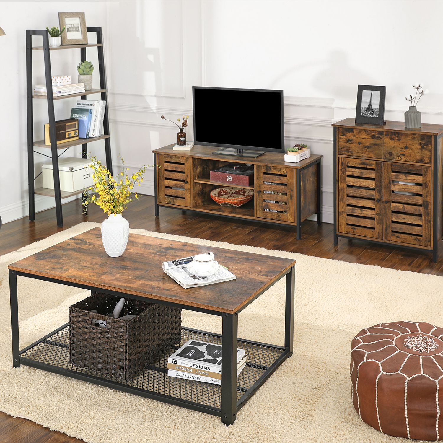 Floor Cabinet, Freestanding Cabinet with 1 Drawer and Shelf, Kitchen Storage Cabinet, Louvered Doors, for Living Room, Hallway, Office, Bedroom, Rustic Brown - Image 5