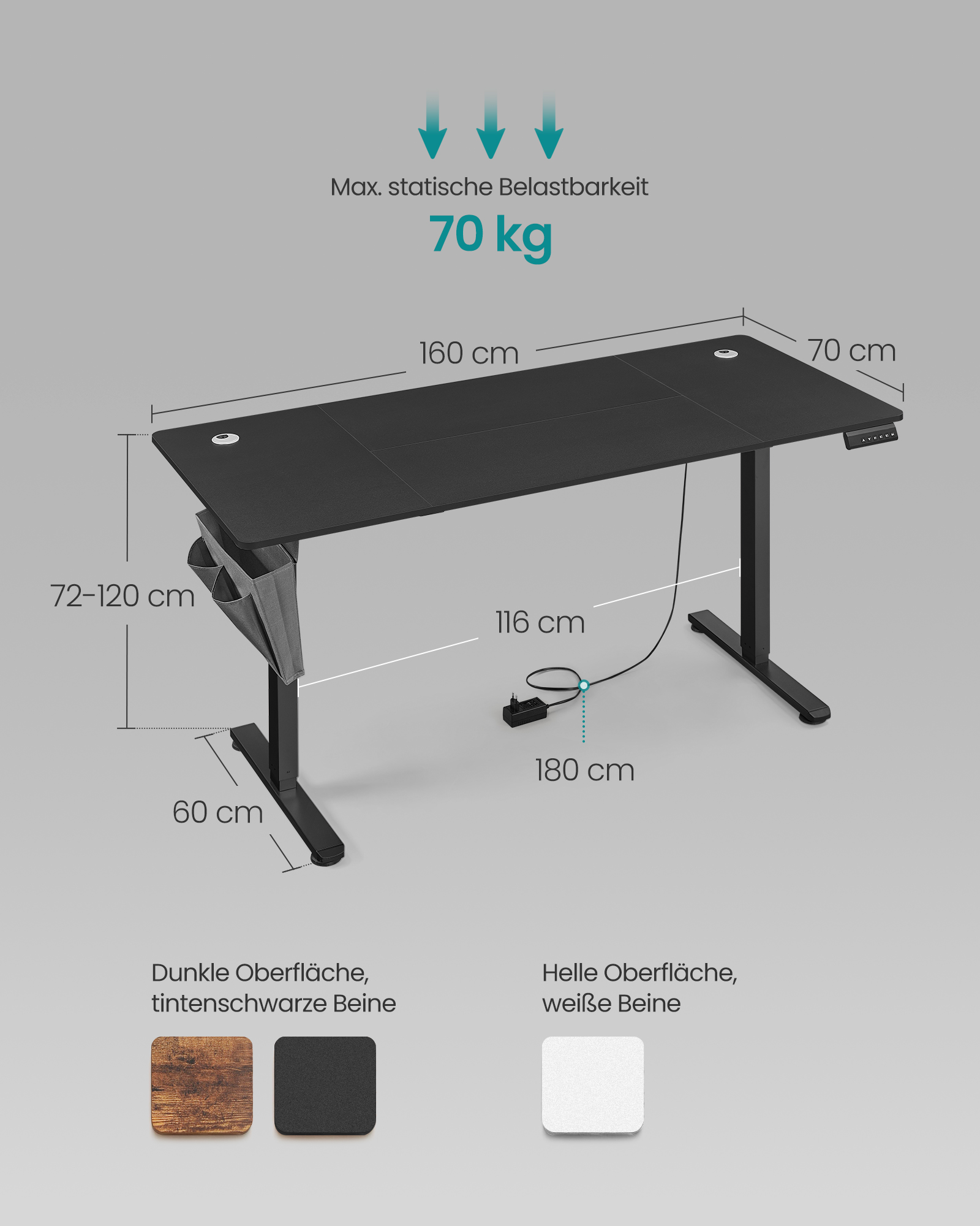Height-adjustable electric desk 60 x 160 x (72-120) cm - Image 5
