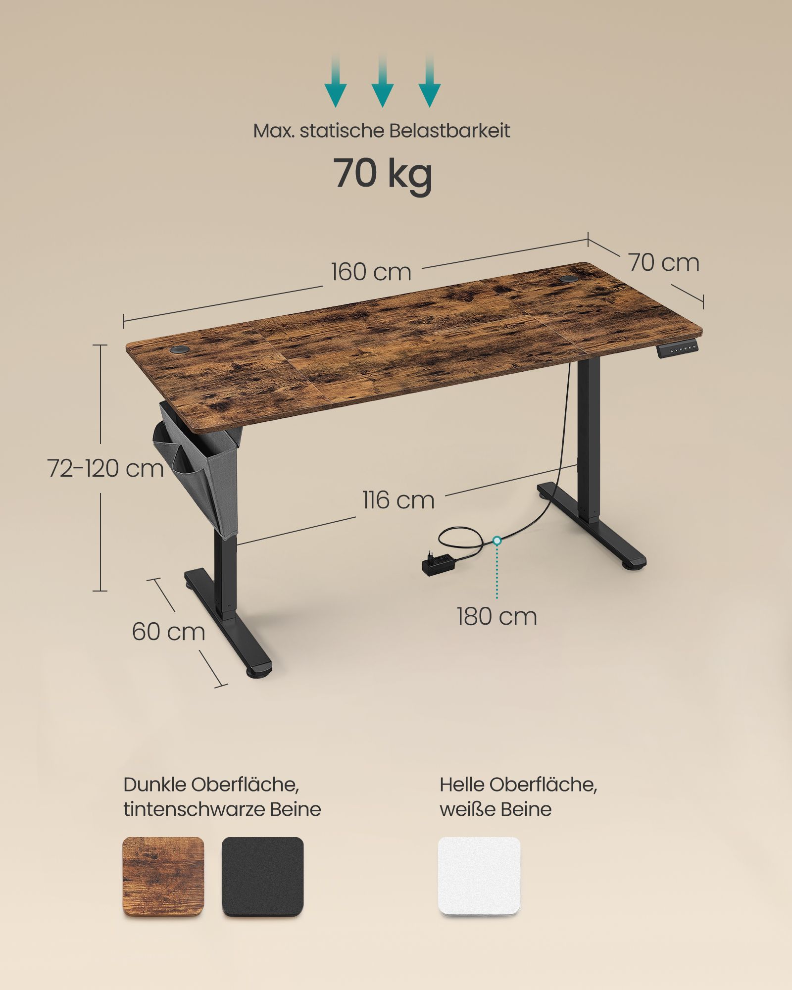 Height-adjustable electric desk 70 x 160 x (72-120) cm - Image 5