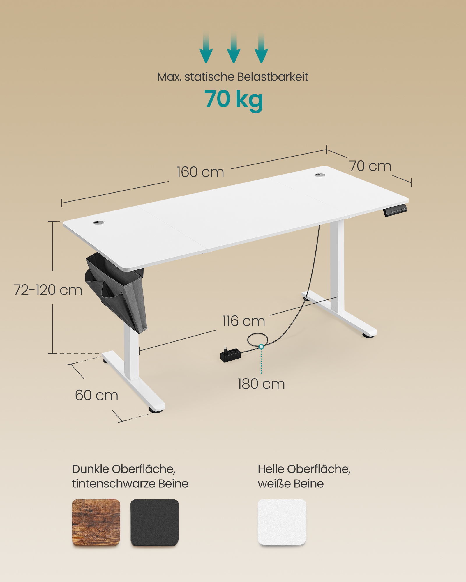 Height-adjustable electric desk 70 x 160 x (72-120) cm - Image 5