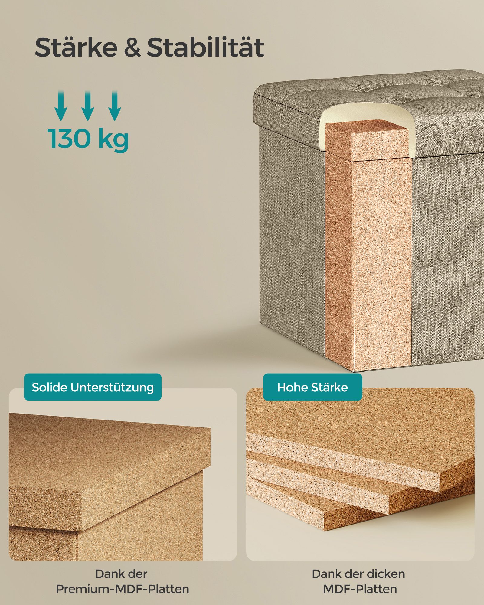 Folding stool with storage space 30 x 30 cm camel brown - Image 4