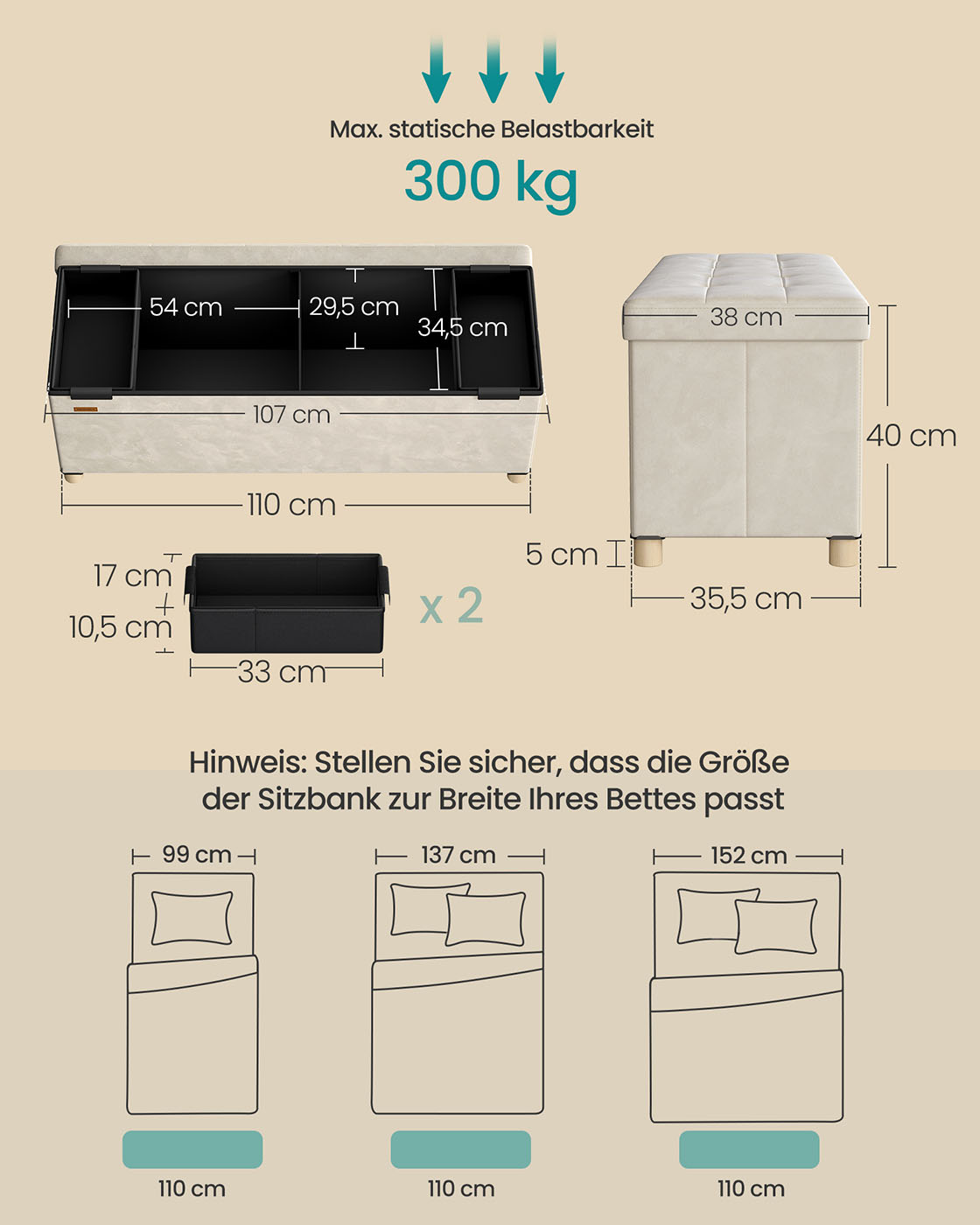 Bench with storage space 38 x 110 x 40 cm Footstool 112 L cappuccino beige - Image 3