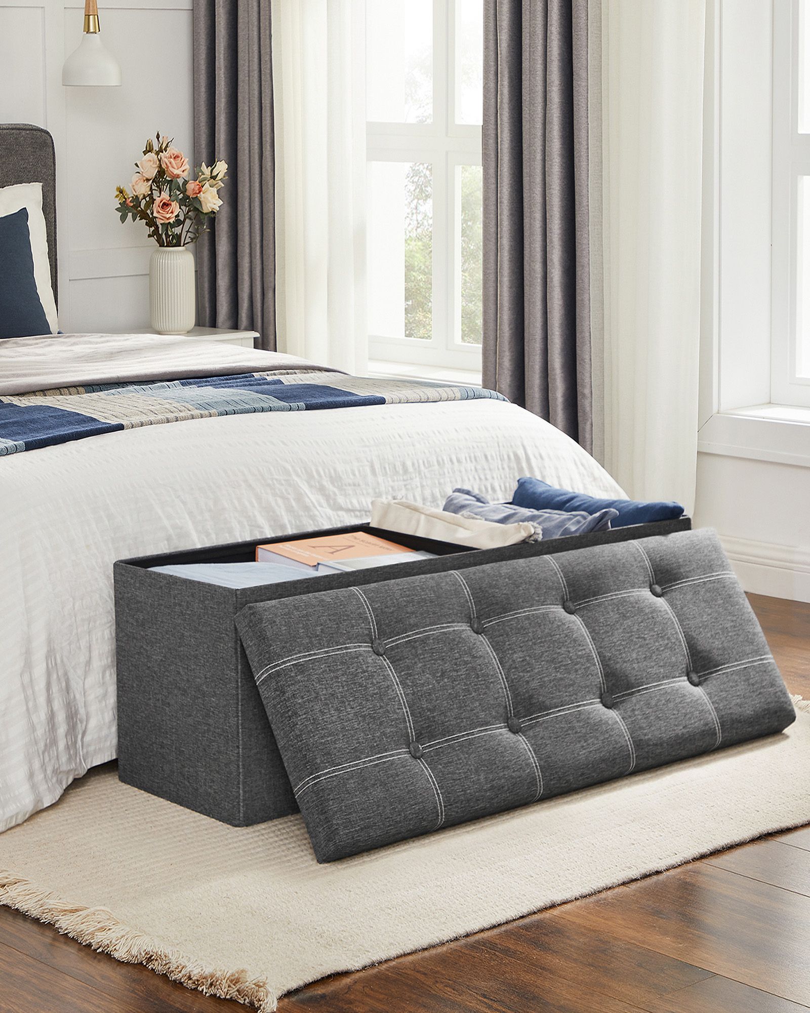 Opbevaringspuf, foldbar opbevaringskiste, 110 x 38 x 38 cm, fodskammel i imiteret hør, bærer op til 300 kg, soveværelse, stue, entre, mørkegrå LSF077G04 - Billede 4