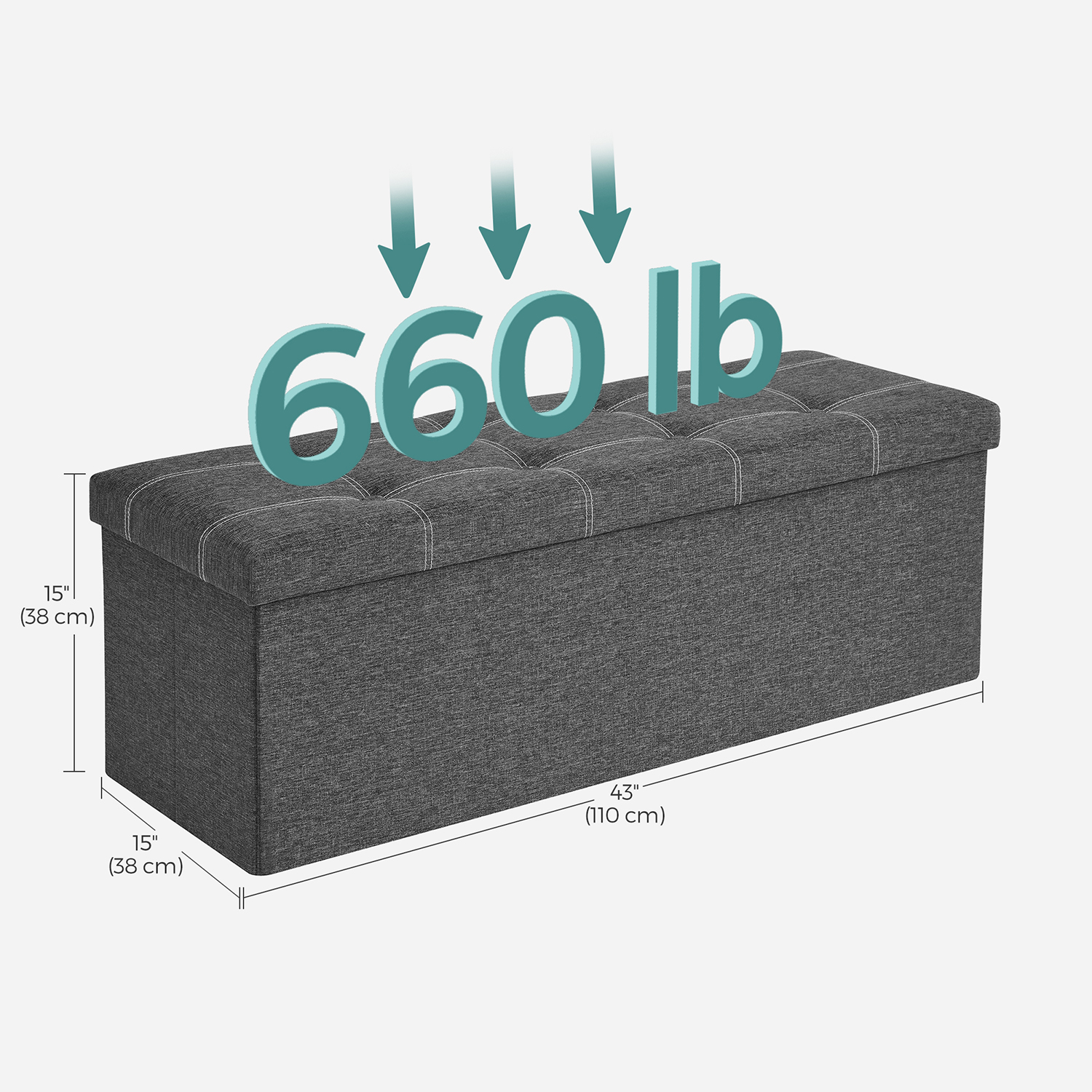 Opbevaringspuf, foldbar opbevaringskiste, 110 x 38 x 38 cm, fodskammel i imiteret hør, bærer op til 300 kg, soveværelse, stue, entre, mørkegrå LSF077G04 - Billede 6