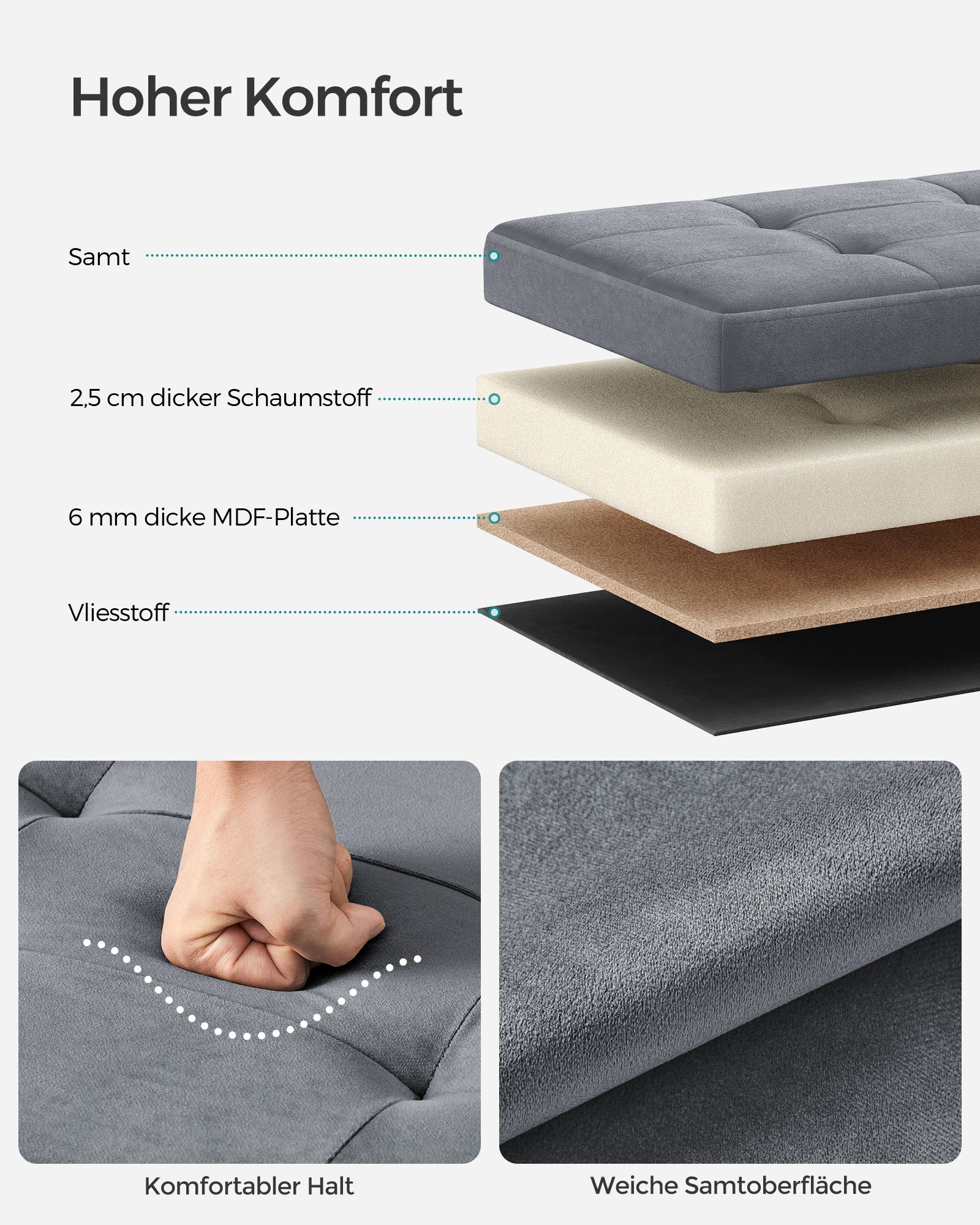 Bench with storage space in slate grey velvet - Image 3