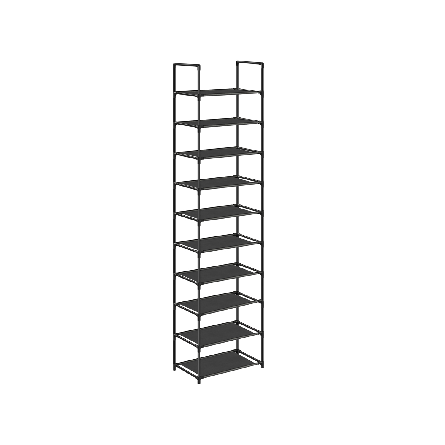 10-trinns skostativ, skostativ, plassbesparende skooppbevaring, 45 x 28 x 173 cm, metallramme, hyller i ikke-vevet stoff, for gang, soverom, svart LSH010B02