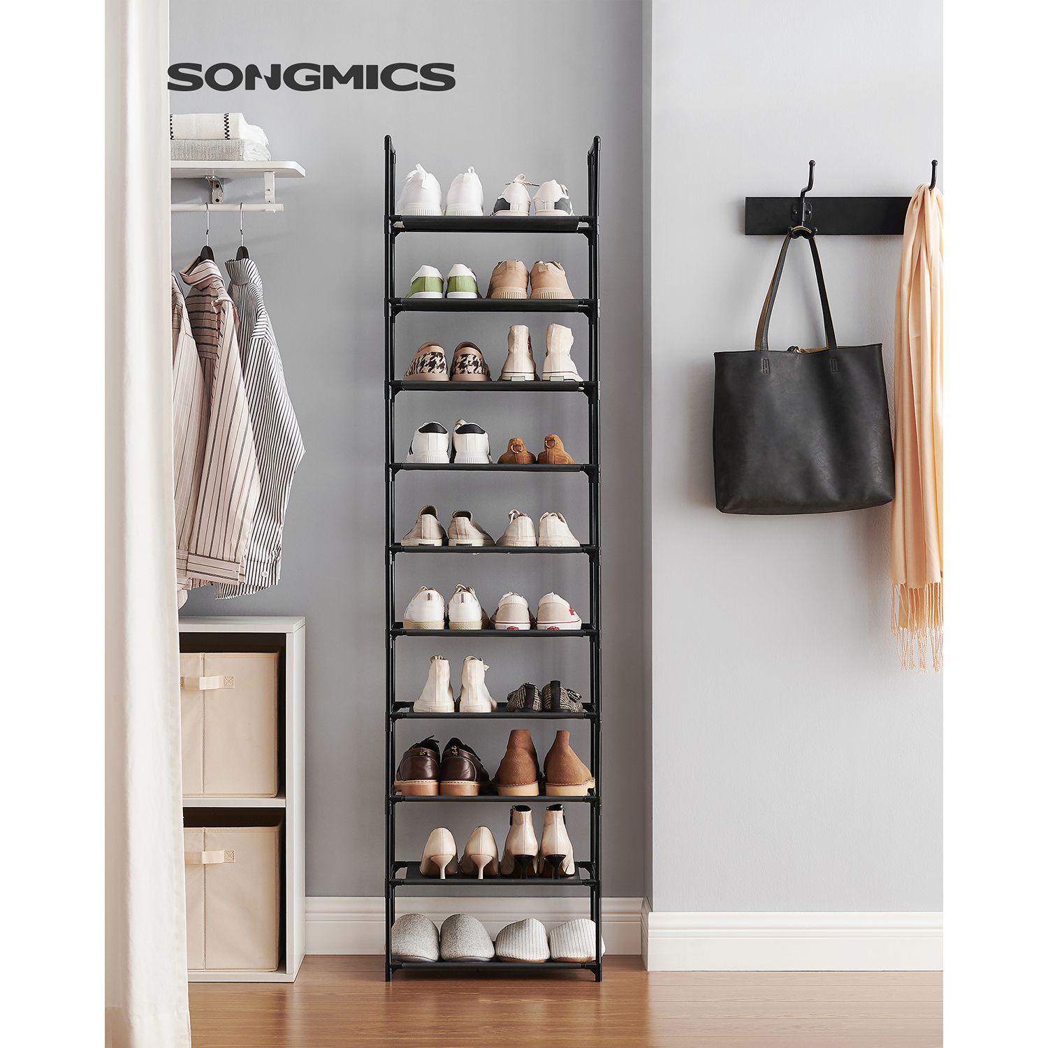 10-trinns skostativ, skostativ, plassbesparende skooppbevaring, 45 x 28 x 173 cm, metallramme, hyller i ikke-vevet stoff, for gang, soverom, svart LSH010B02 - Bilde 2