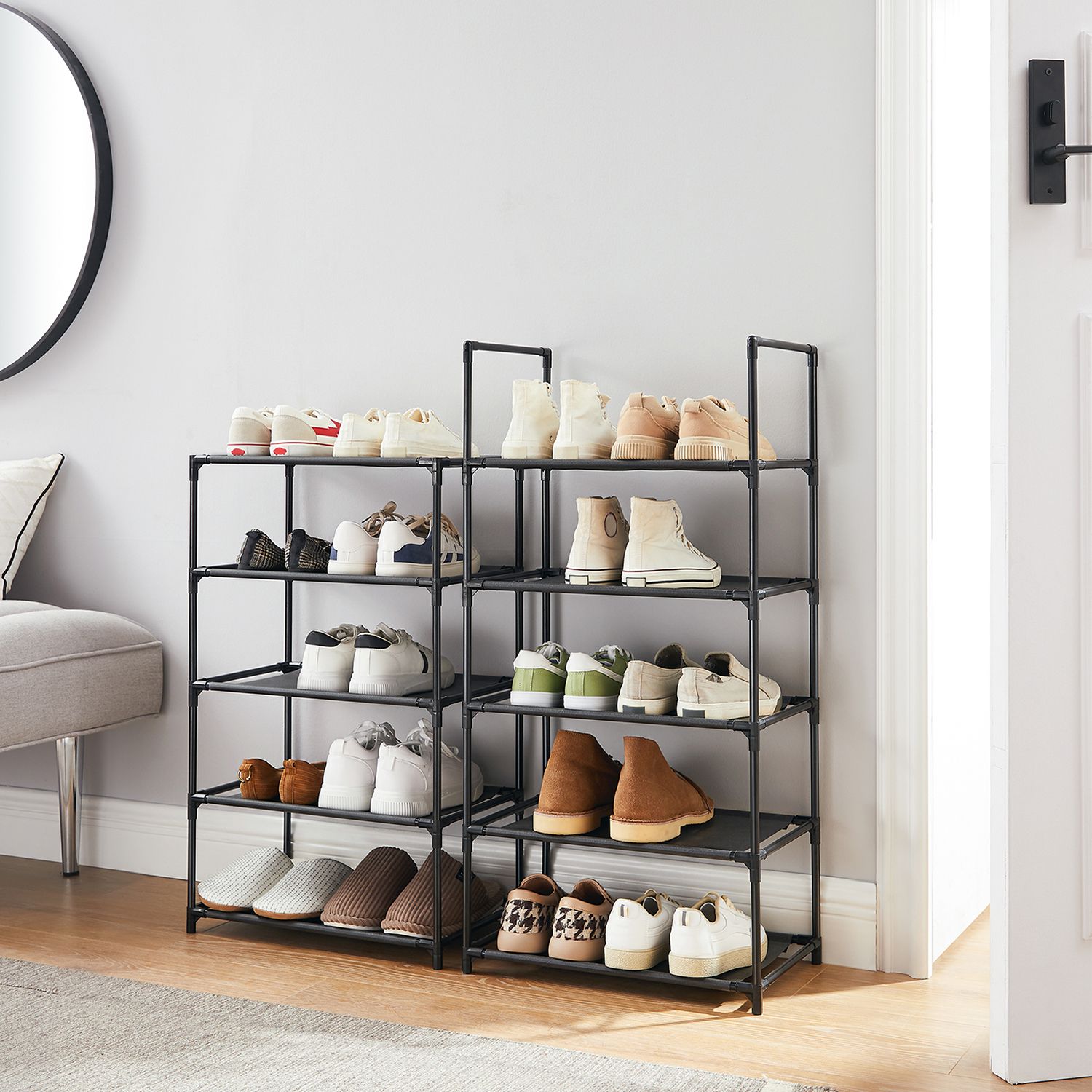 10-trinns skostativ, skostativ, plassbesparende skooppbevaring, 45 x 28 x 173 cm, metallramme, hyller i ikke-vevet stoff, for gang, soverom, svart LSH010B02 - Bilde 3