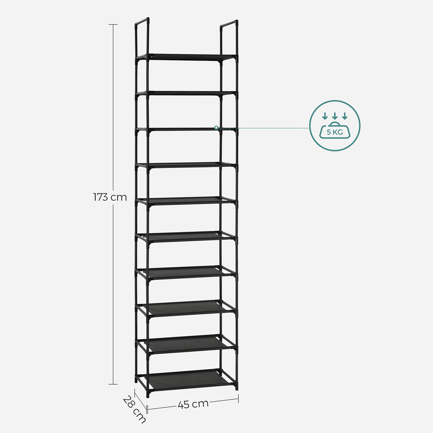 10-trinns skostativ, skostativ, plassbesparende skooppbevaring, 45 x 28 x 173 cm, metallramme, hyller i ikke-vevet stoff, for gang, soverom, svart LSH010B02 - Bilde 6