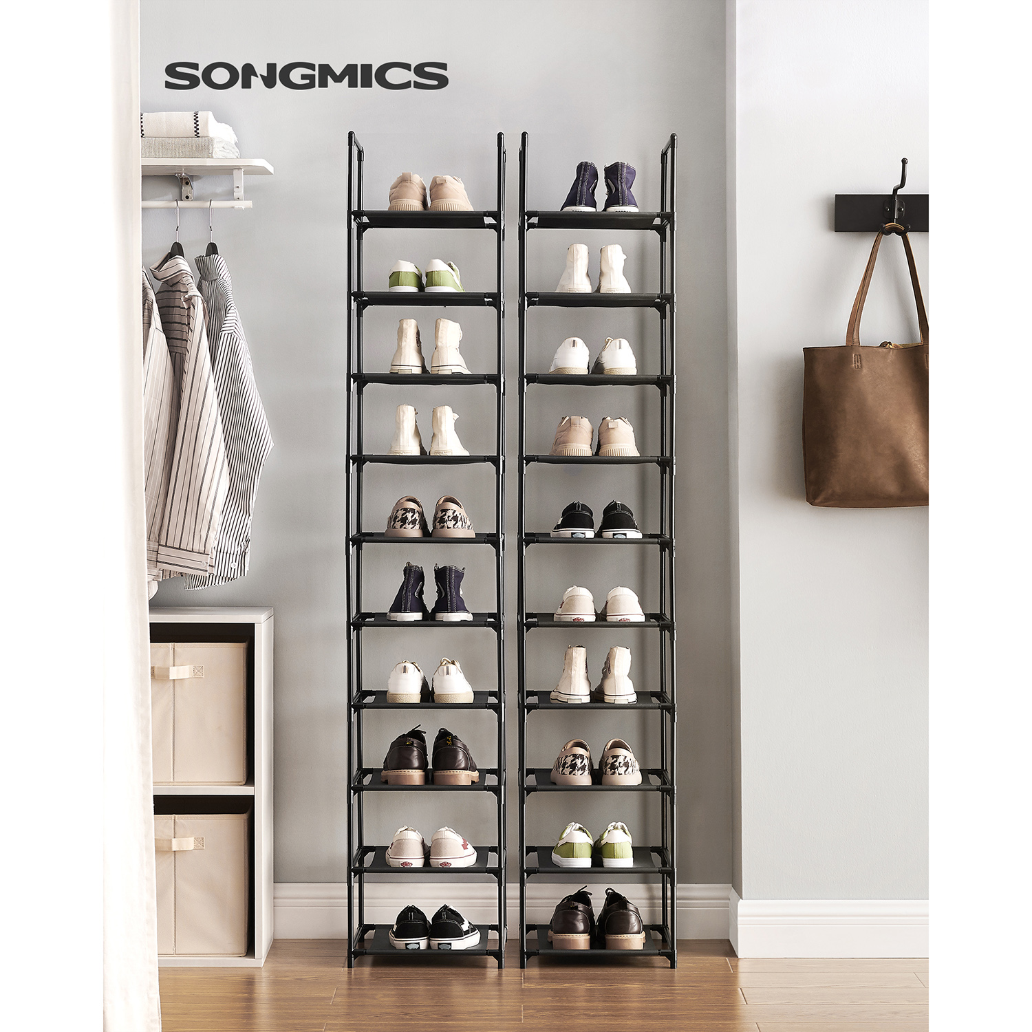 10-Tier Shoe Rack, Shoe Stand, Space-Saving Shoe Storage, 33 x 33 x 173 cm, Metal Frame, Non-Woven Fabric Shelves, for Hallway, Bedroom, Black LSR110B02 - Image 3