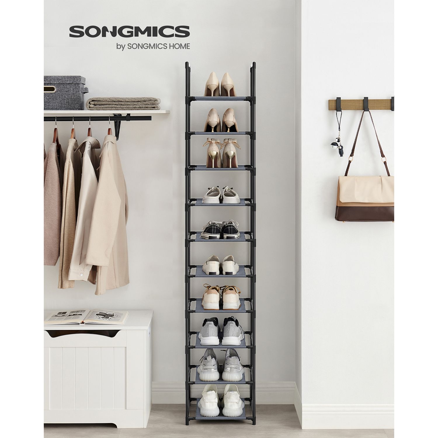 10-Tier Shoe Rack, Shoe Stand, Space-Saving Shoe Storage, 33 x 33 x 173 cm, Metal Frame, Non-Woven Fabric Shelves, for Hallway, Bedroom, Grey - Image 2