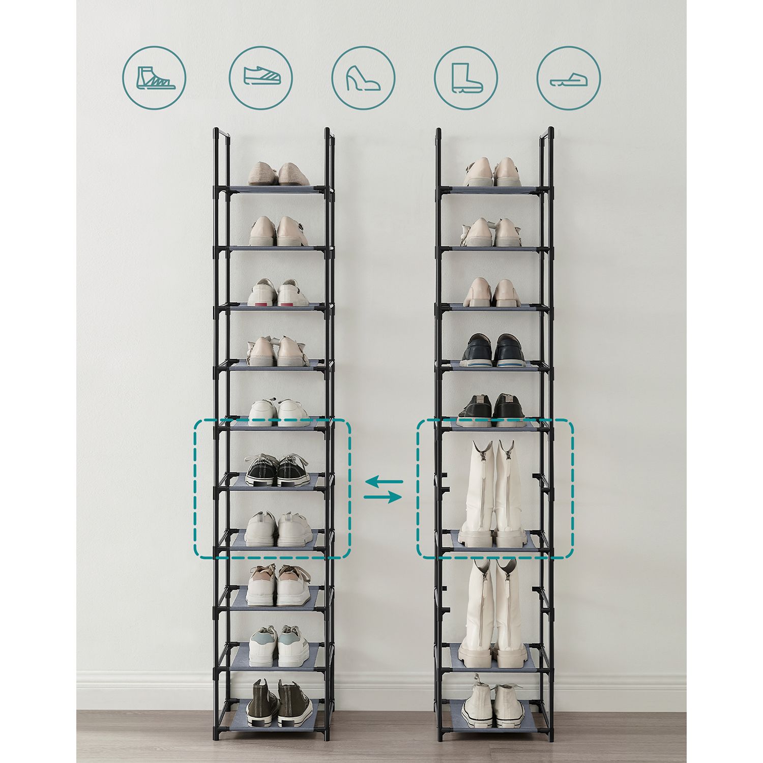 10-Tier Shoe Rack, Shoe Stand, Space-Saving Shoe Storage, 33 x 33 x 173 cm, Metal Frame, Non-Woven Fabric Shelves, for Hallway, Bedroom, Grey - Image 3