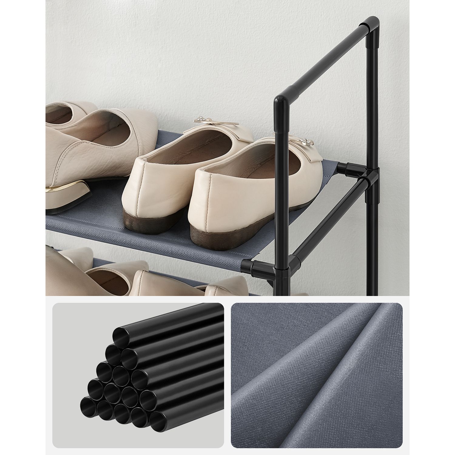 10-Tier Shoe Rack, Shoe Stand, Space-Saving Shoe Storage, 33 x 33 x 173 cm, Metal Frame, Non-Woven Fabric Shelves, for Hallway, Bedroom, Grey - Image 4