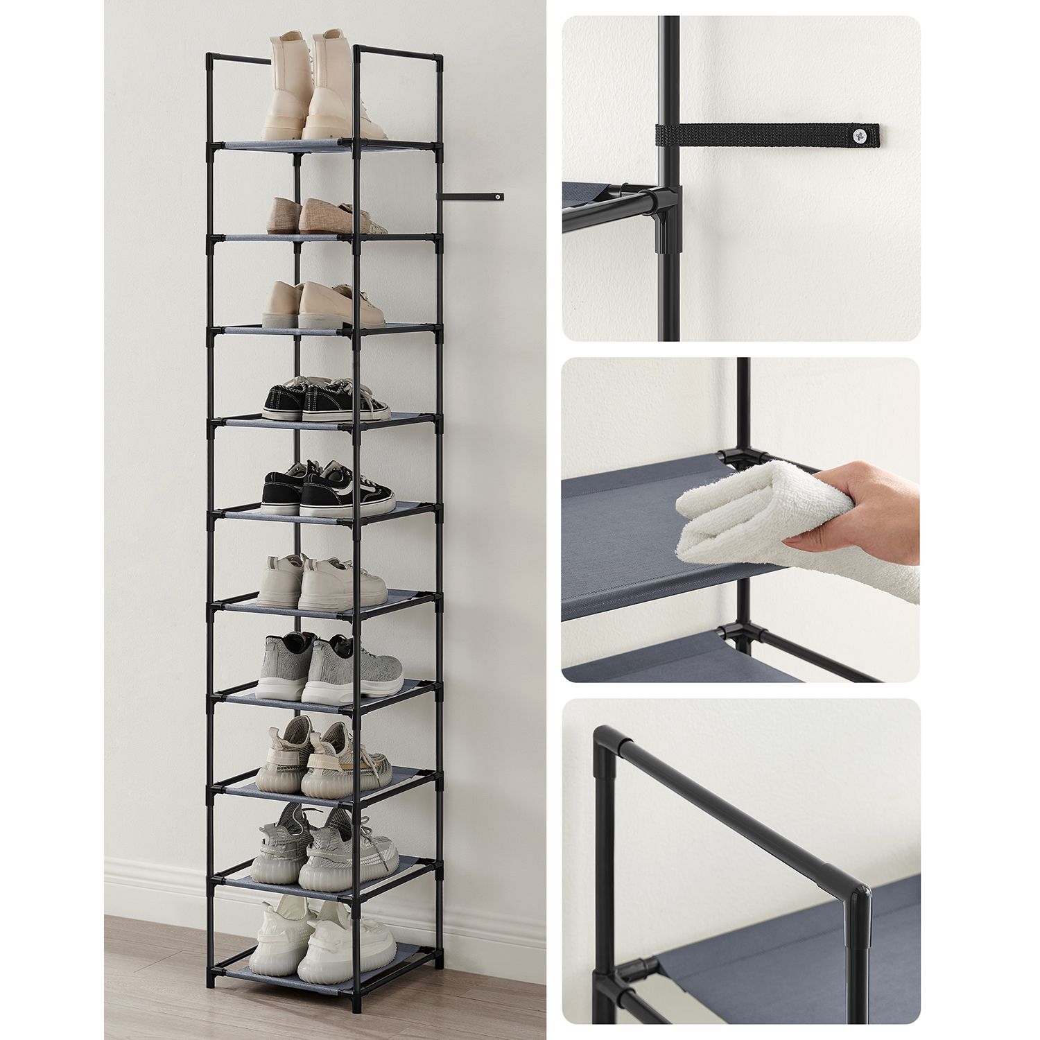 10-Tier Shoe Rack, Shoe Stand, Space-Saving Shoe Storage, 33 x 33 x 173 cm, Metal Frame, Non-Woven Fabric Shelves, for Hallway, Bedroom, Grey - Image 6