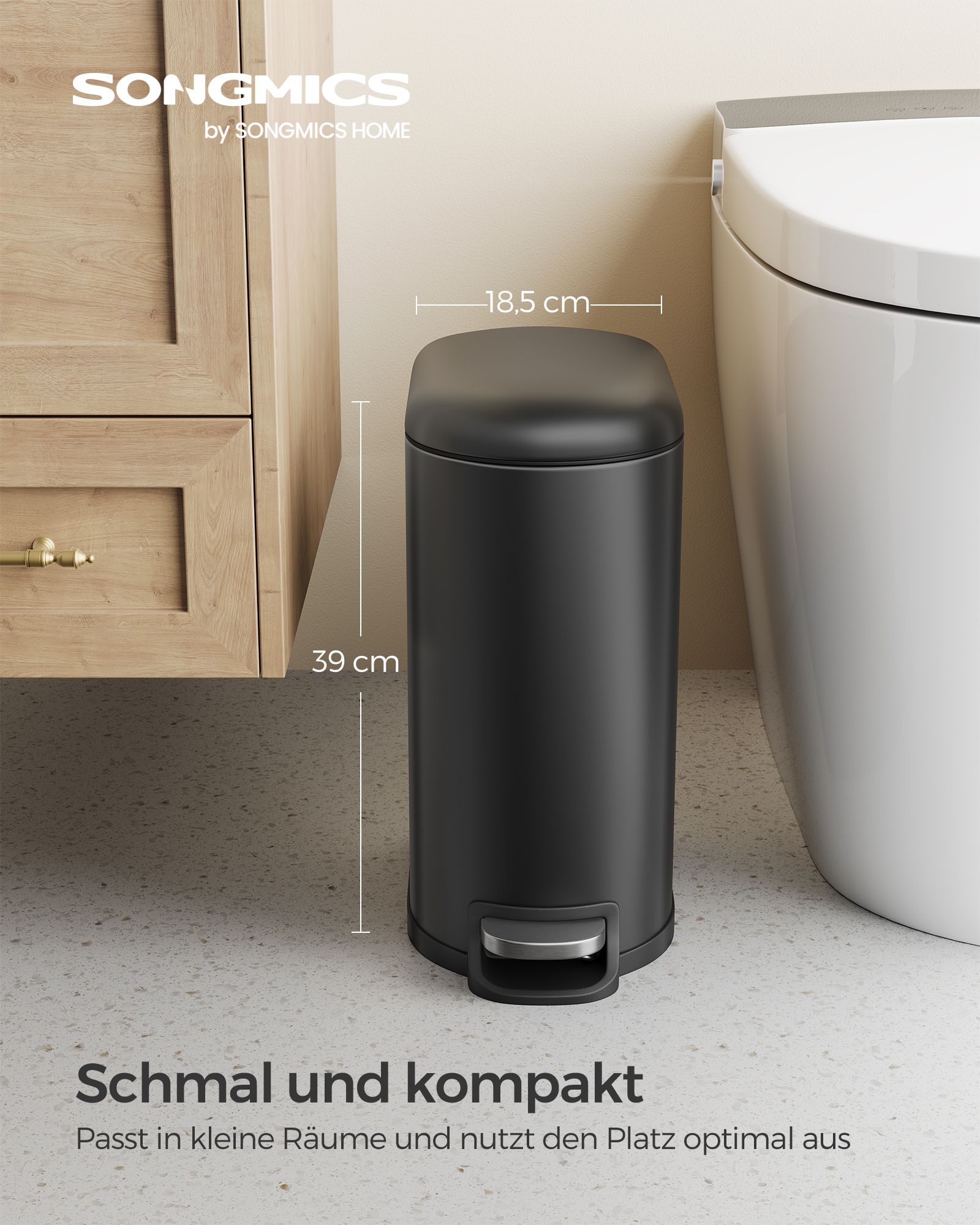Bathroom Bin, 10L Small Bin with Lid, Pedal Toilet Bin, Slim for Small Spaces, Steel, Soft Close, Ink Black - Image 2