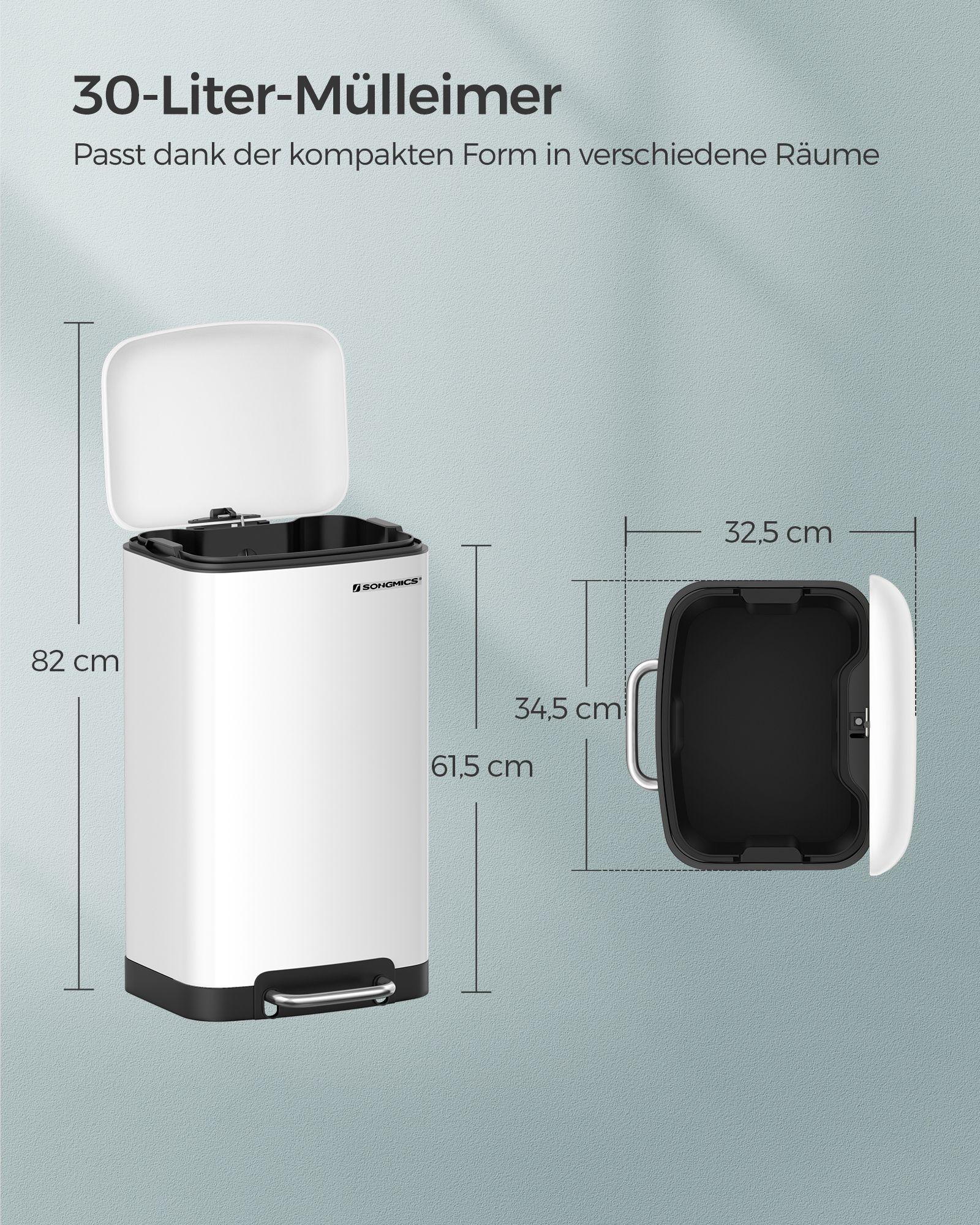 Søppelbøtte, 30 l søppelbøtte, pedalbøtte i stål, med innerbøtte og lokk, myk lukking, lufttett, for kjøkken, stue, hvit - Bilde 6