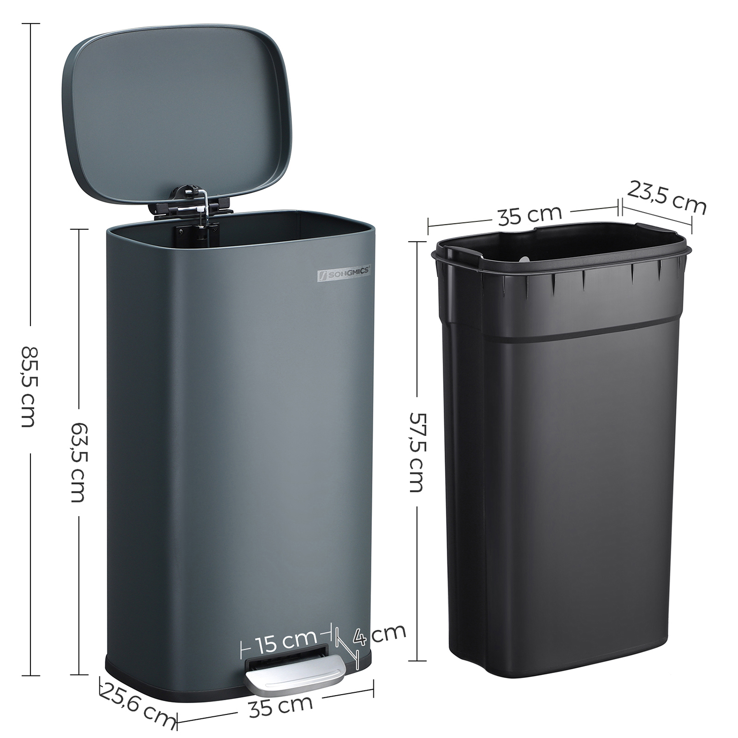 Kitchen Rubbish Bin, 30 L Pedal Bin with Plastic Inner Bucket, Lid, Soft Close, Odour Control, Smoky Grey LTB03GS - Image 2
