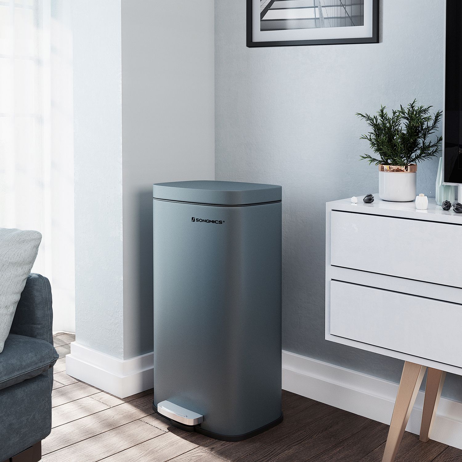 Kitchen Rubbish Bin, 30 L Pedal Bin with Plastic Inner Bucket, Lid, Soft Close, Odour Control, Smoky Grey LTB03GS - Image 6