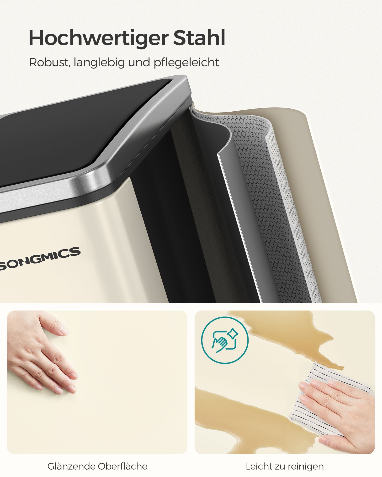 Källsorteringssystem 3 fack 3 x 18 L med lock sandbeige - Bild 4