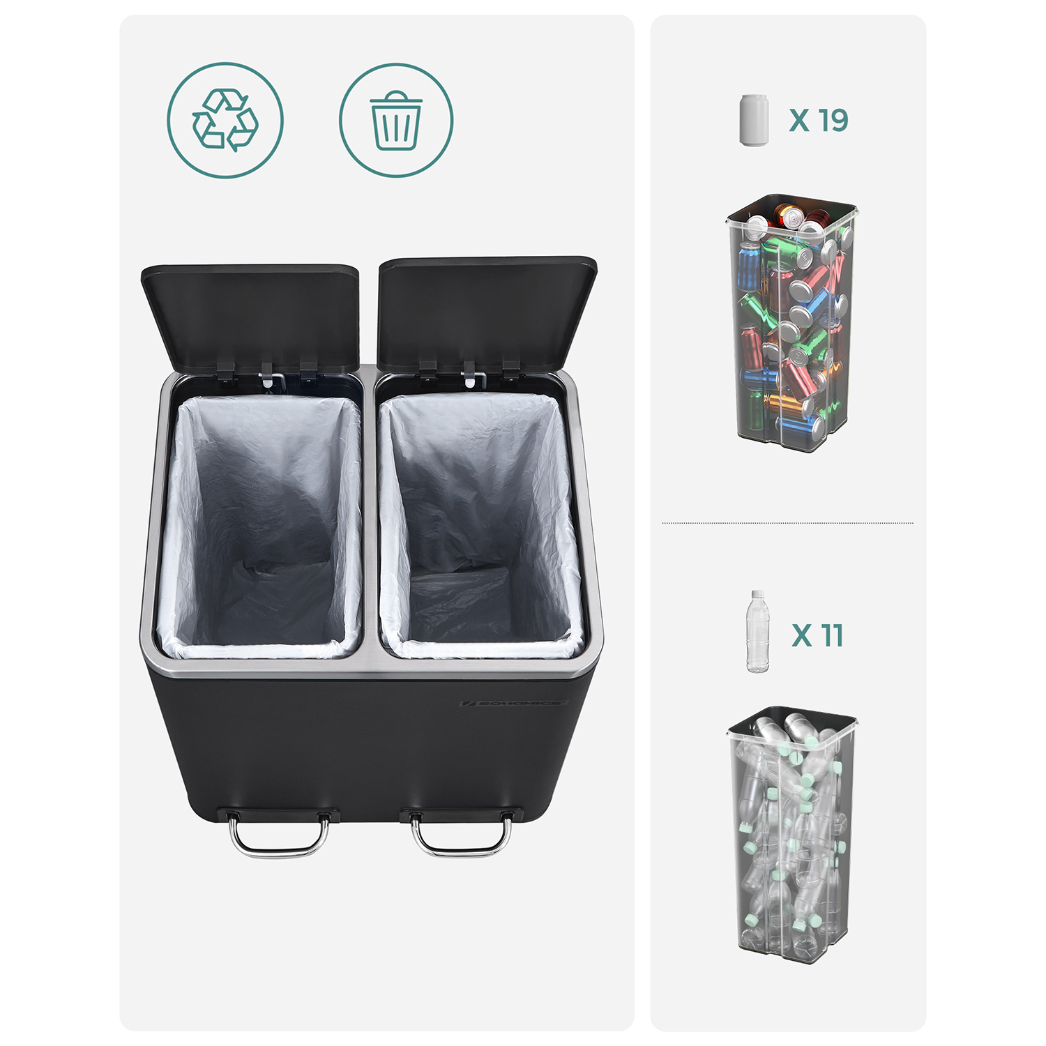 Kjøkkenbøtte, 2 x 15 L søppelbøtte i stål, trinnbøtte med innerbøtter og håndtak, myk lukking, luktforsegling, svart LTB30BK - Bilde 6