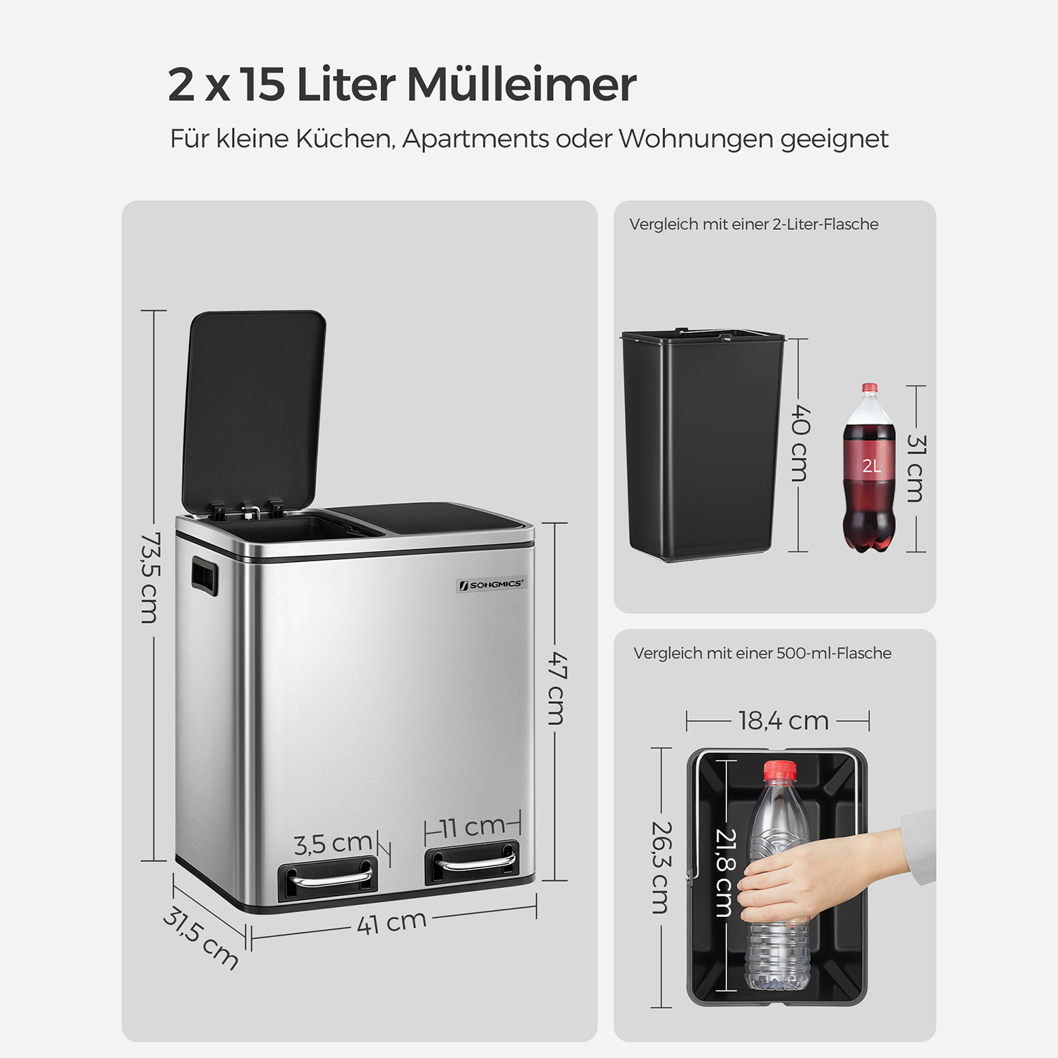 Gjenvinningsbøtte, 2 x 15 l søppelbøtte i stål, trinnbøtte med innerbøtte og håndtak, for kjøkken, myk lukking, lufttett, sølv og svart LTB30H - Bilde 6