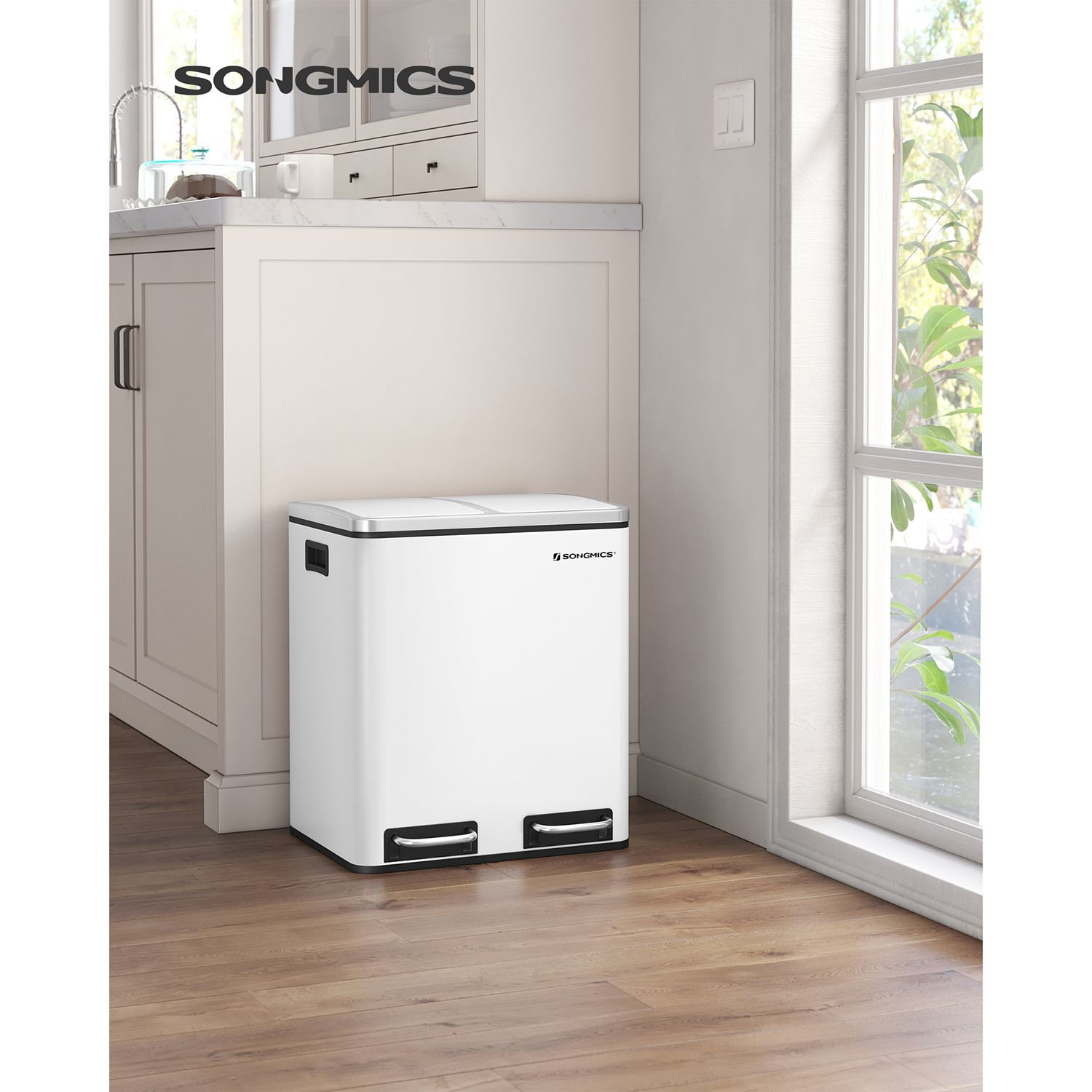 Kitchen Bin, 2 x 15 L Steel Rubbish Bin, Step Bin with Inner Buckets and Handles, Soft Closure, Odour Seal, White LTB30WT - Image 2