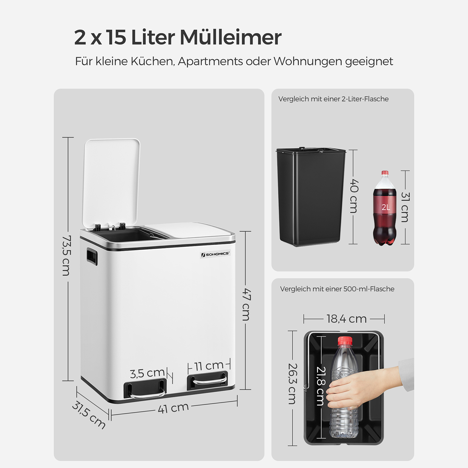 Kitchen Bin, 2 x 15 L Steel Rubbish Bin, Step Bin with Inner Buckets and Handles, Soft Closure, Odour Seal, White LTB30WT - Image 6