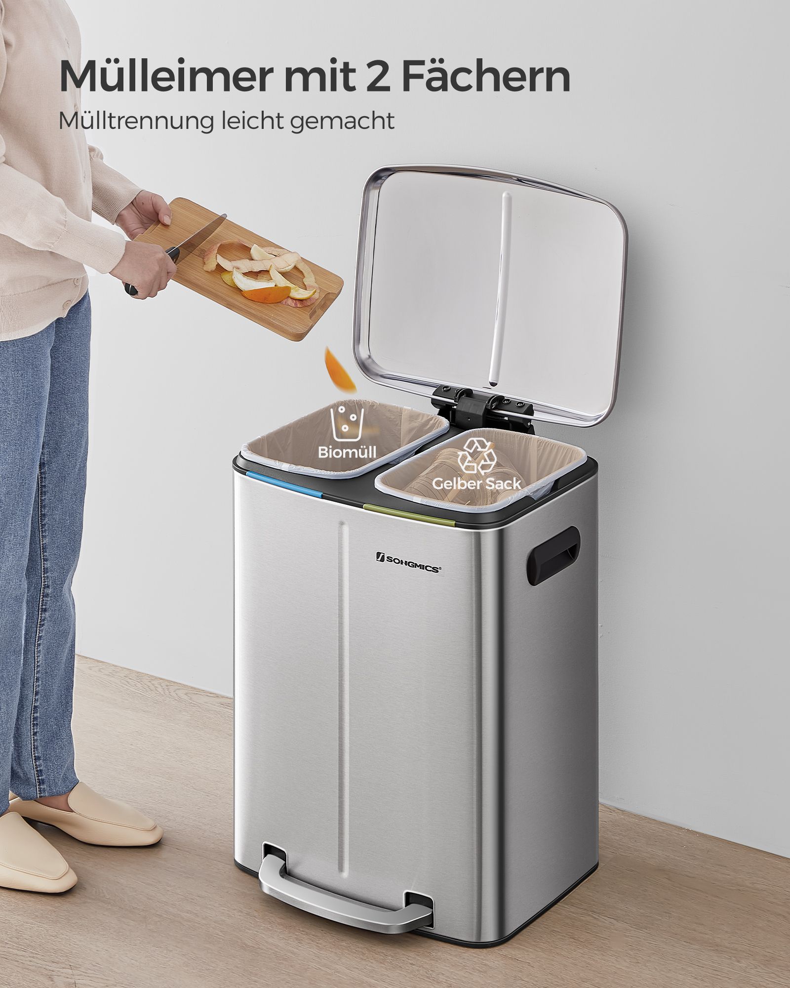 Dubbel soptunna, 2 x 20 L köksavfallskärl, trappstegsbehållare i metall med dubbla fack, innerhinkar i plast, lock med mjuk stängning och handtag, lukttätning, silver - Bild 3
