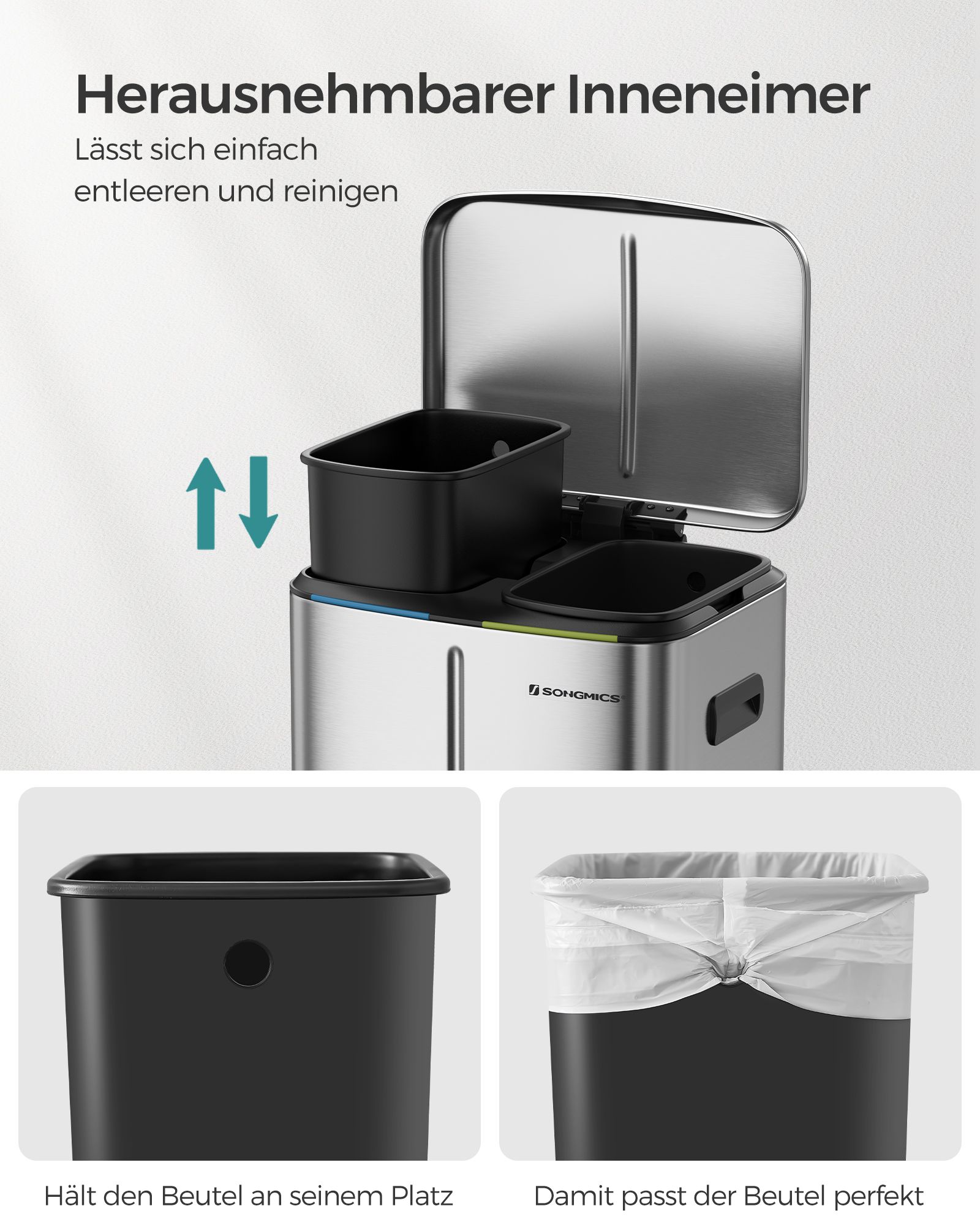 Dubbel soptunna, 2 x 20 L köksavfallskärl, trappstegsbehållare i metall med dubbla fack, innerhinkar i plast, lock med mjuk stängning och handtag, lukttätning, silver - Bild 6