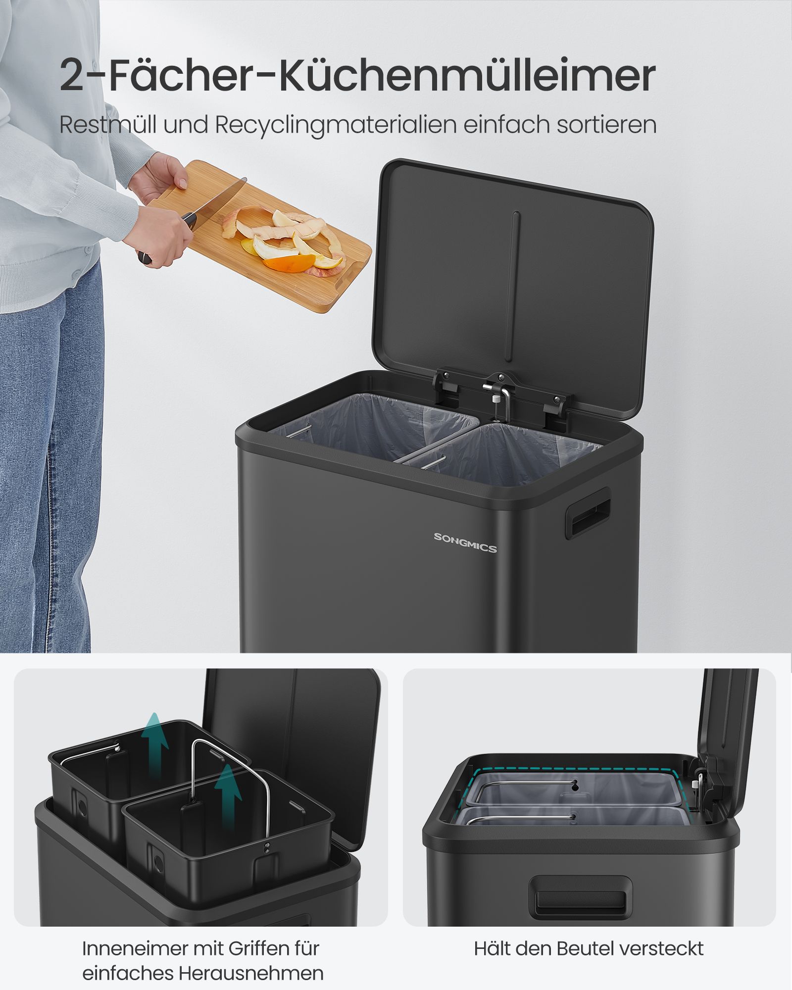 Skraldespandssortering 2 x 15 L med låg, køkken- og stueaffaldsspand, pedaltype, rustfrit stål, lufttæt, plastflaske, dåseopbevaring, ingen synlighed, vandret type, kraftig - Billede 4