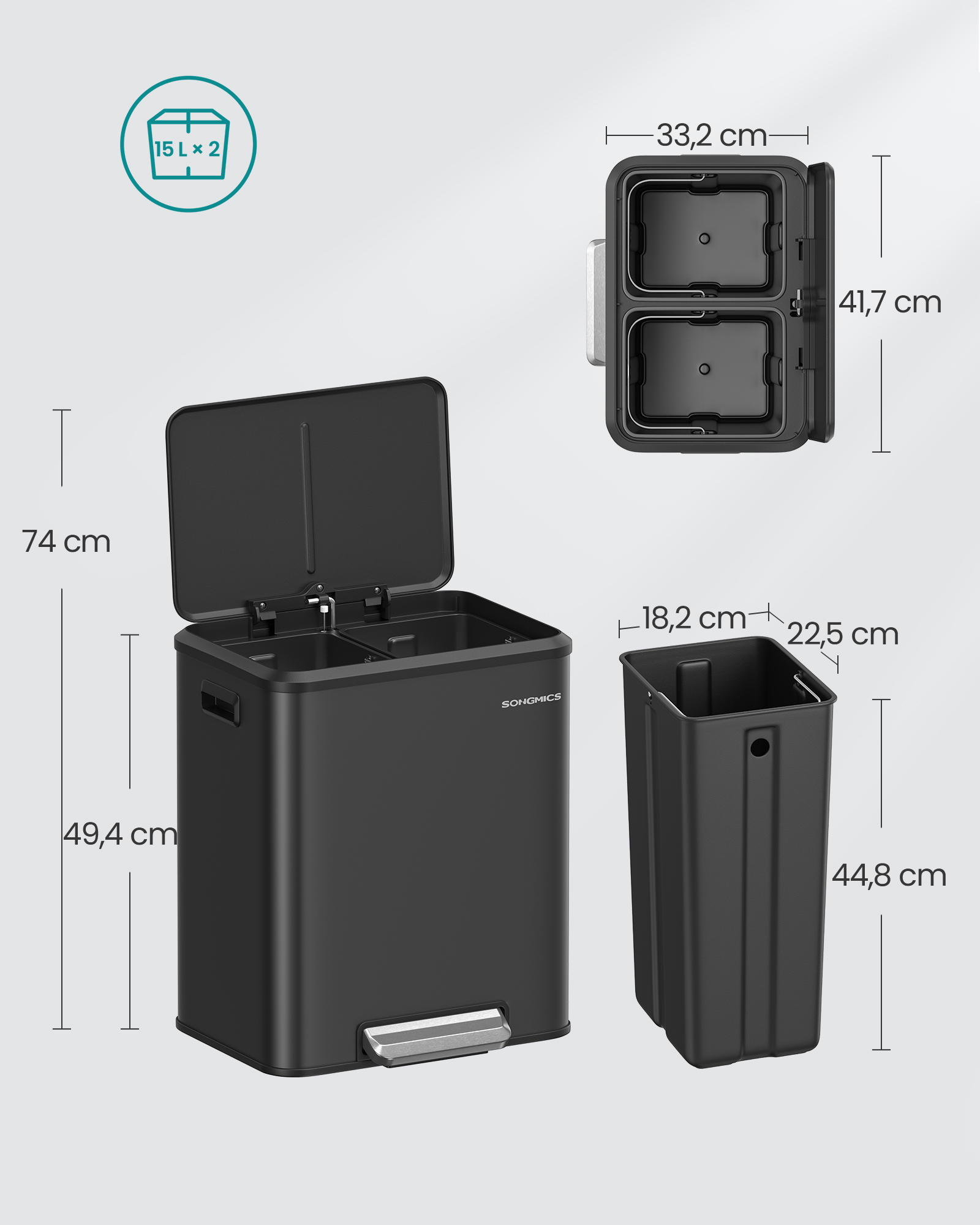 Skraldespandssortering 2 x 15 L med låg, køkken- og stueaffaldsspand, pedaltype, rustfrit stål, lufttæt, plastflaske, dåseopbevaring, ingen synlighed, vandret type, kraftig - Billede 6
