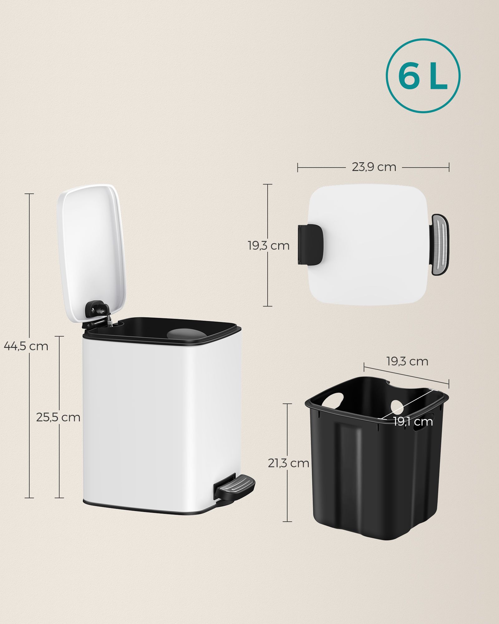 Kosmetikspand 6 liter med pedal stål hvid - Billede 6