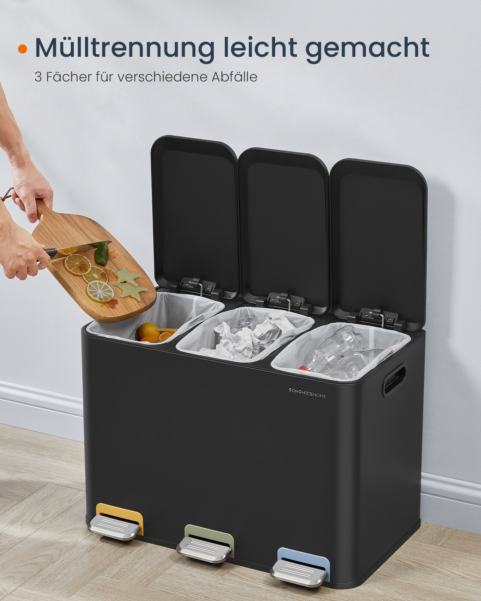 Kitchen waste bin 3 x 15 L compartments ink black - Image 3