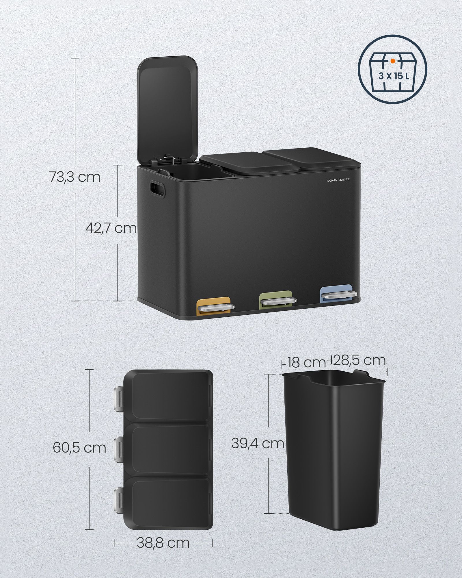 Kitchen waste bin 3 x 15 L compartments ink black - Image 6