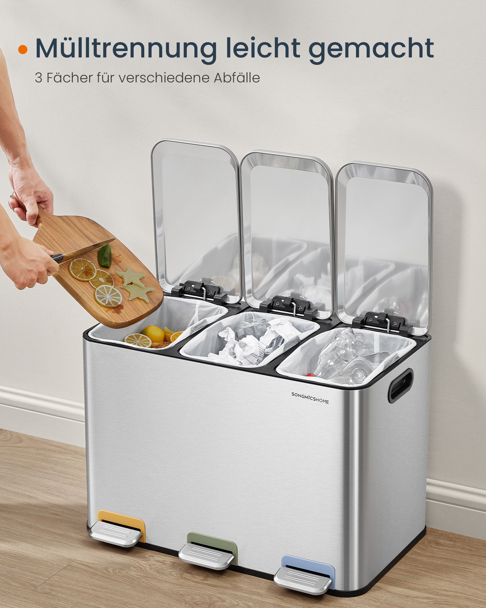 Køkkenaffaldsspand 3 x 15 L rum metallic sølv - Billede 3