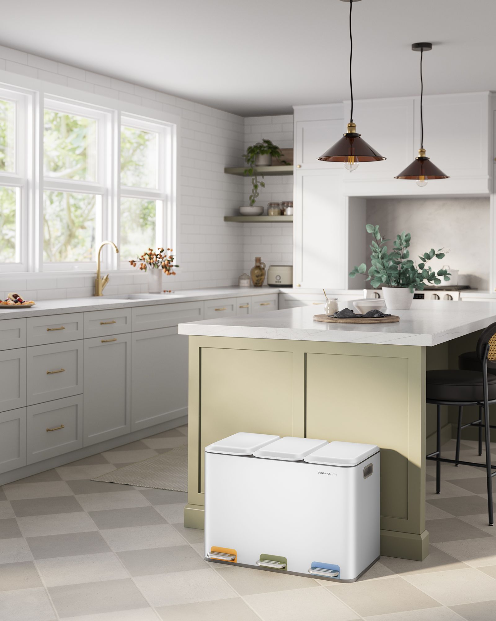 Kitchen waste bin 3 x 15 L compartments cloudy white - Image 2