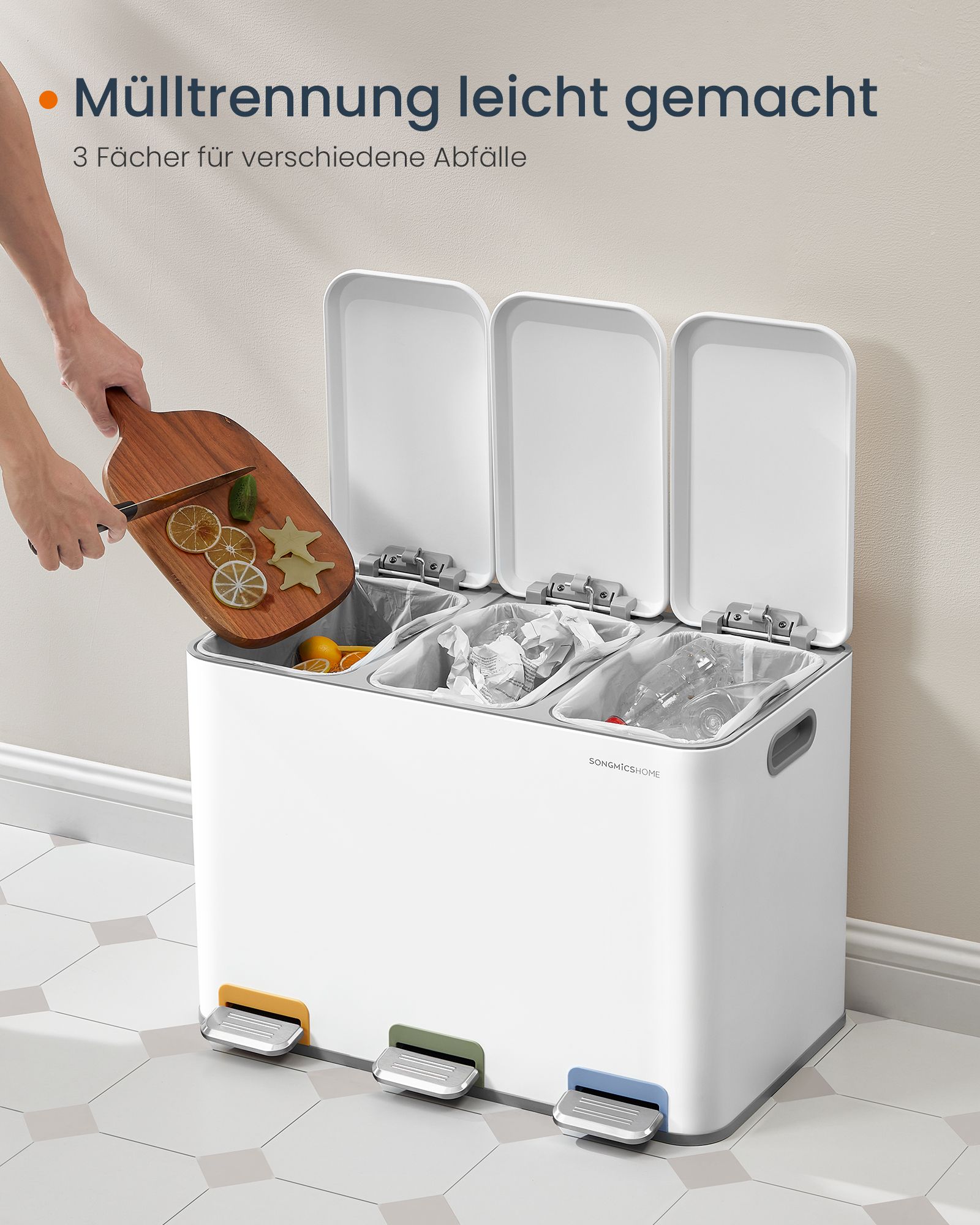 Kitchen waste bin 3 x 15 L compartments cloudy white - Image 3