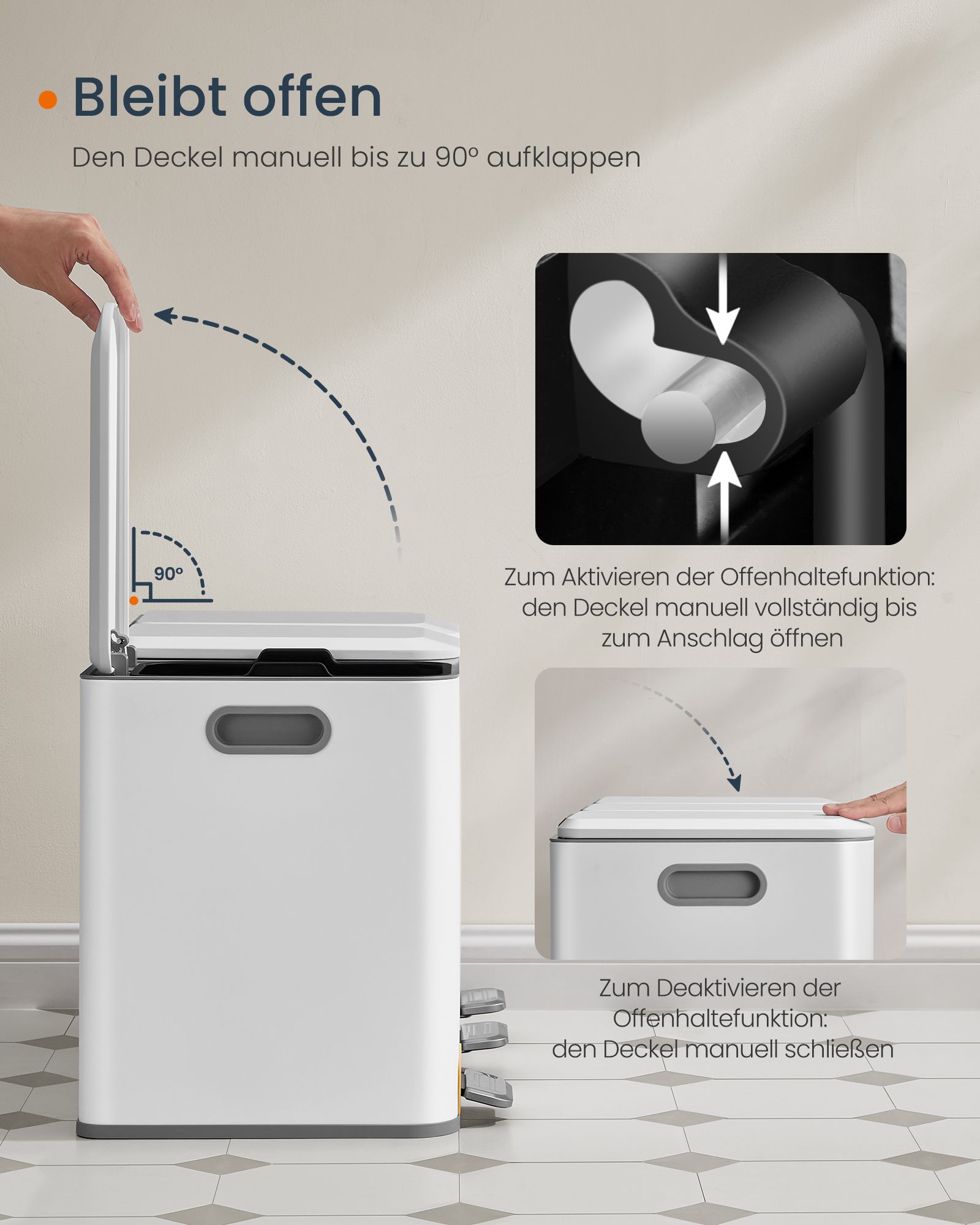 Kitchen waste bin 3 x 15 L compartments cloudy white - Image 4