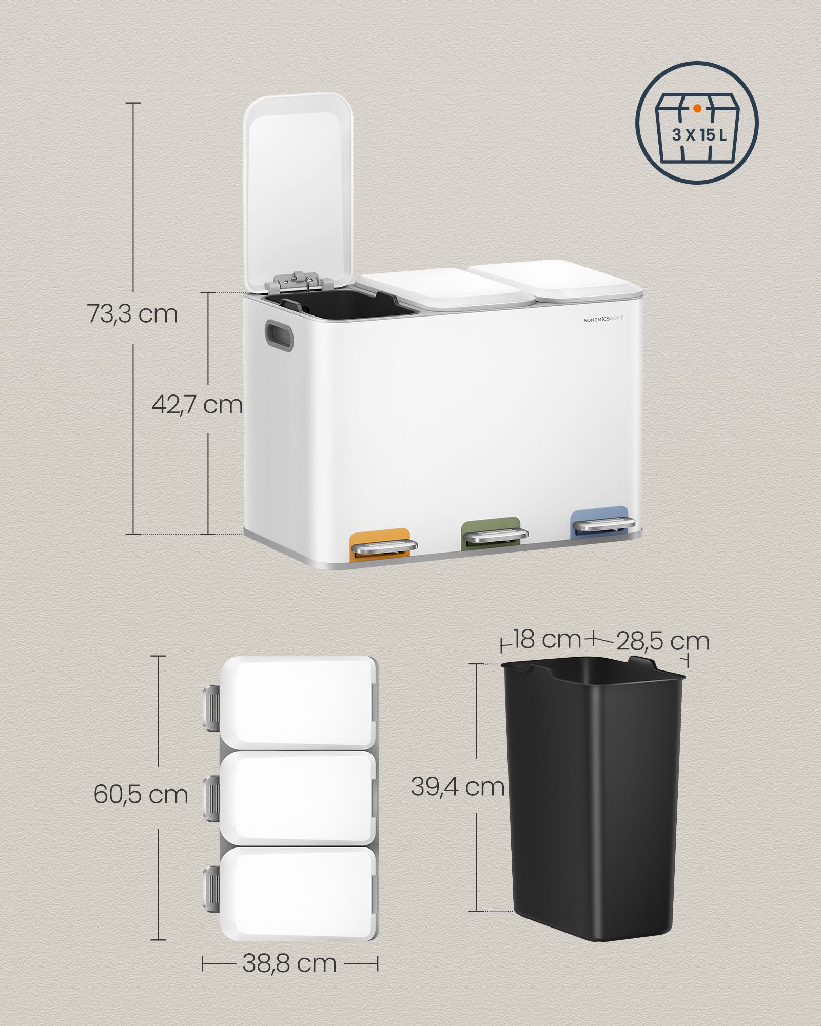 Kitchen waste bin 3 x 15 L compartments cloudy white - Image 6