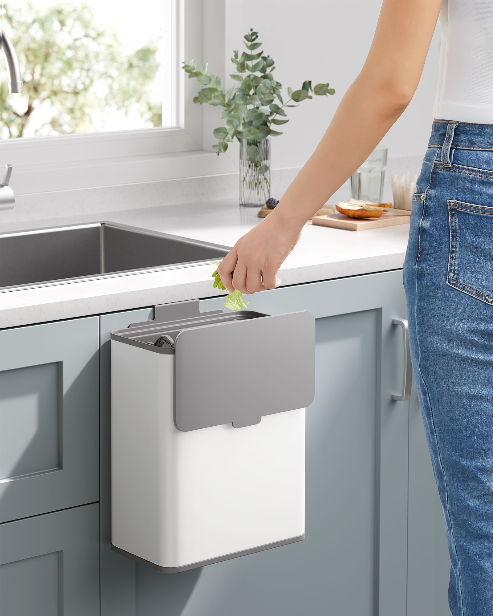 Hanging waste bin 8 L with lid cloud white - Image 2