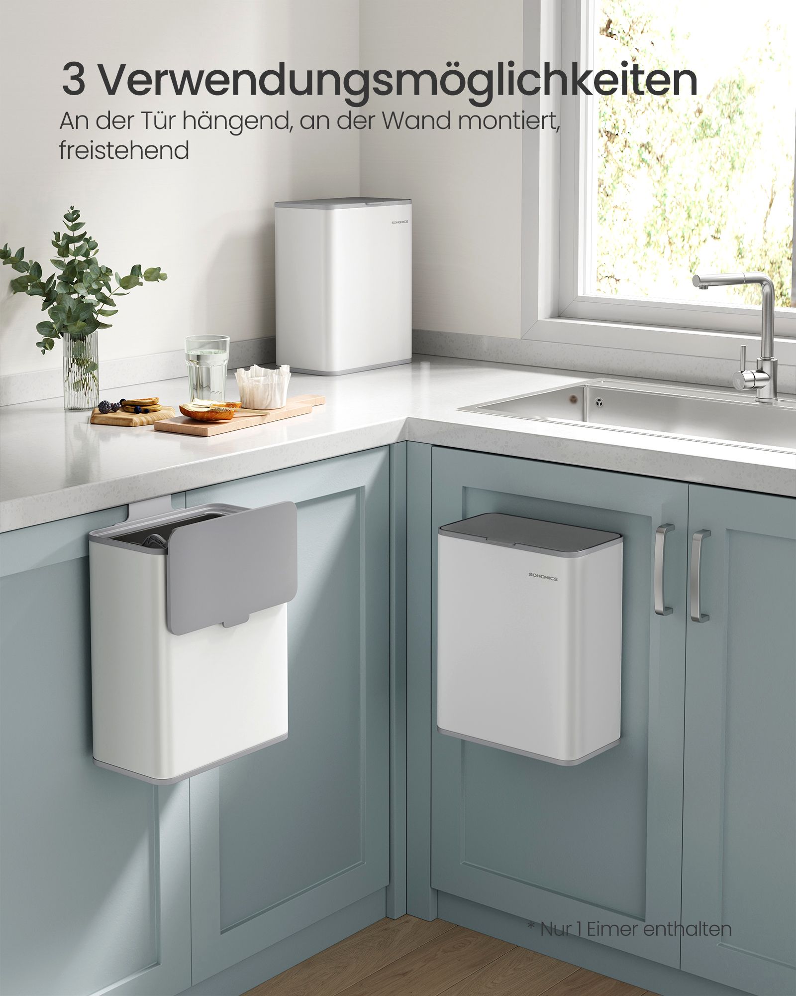 Hanging waste bin 8 L with lid cloud white - Image 3