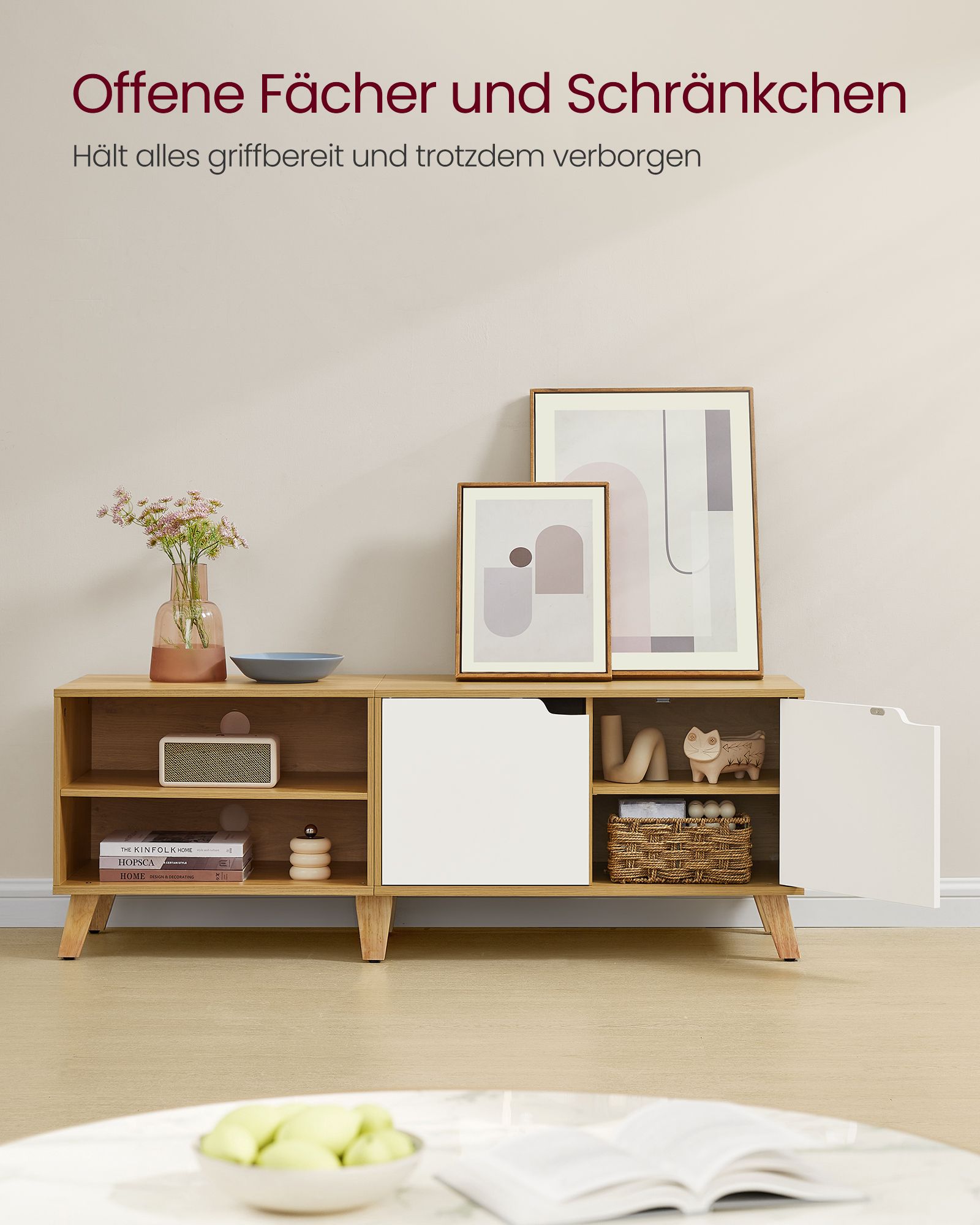 TV-skab 140 cm langt natur eg farve-cremehvid - Billede 3