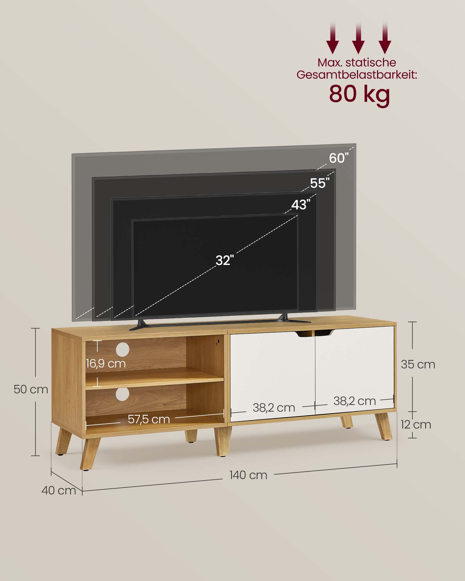 TV-skab 140 cm langt natur eg farve-cremehvid - Billede 4