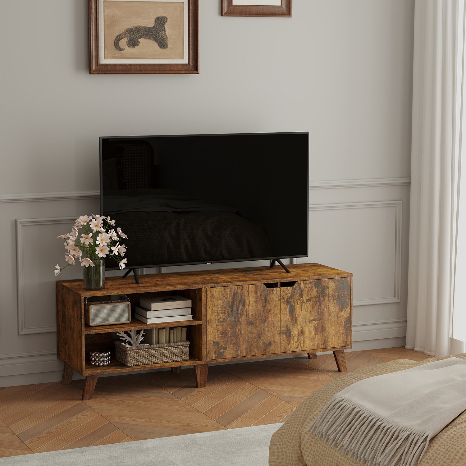 TV cabinet, TV table with 2 doors, 140 cm long