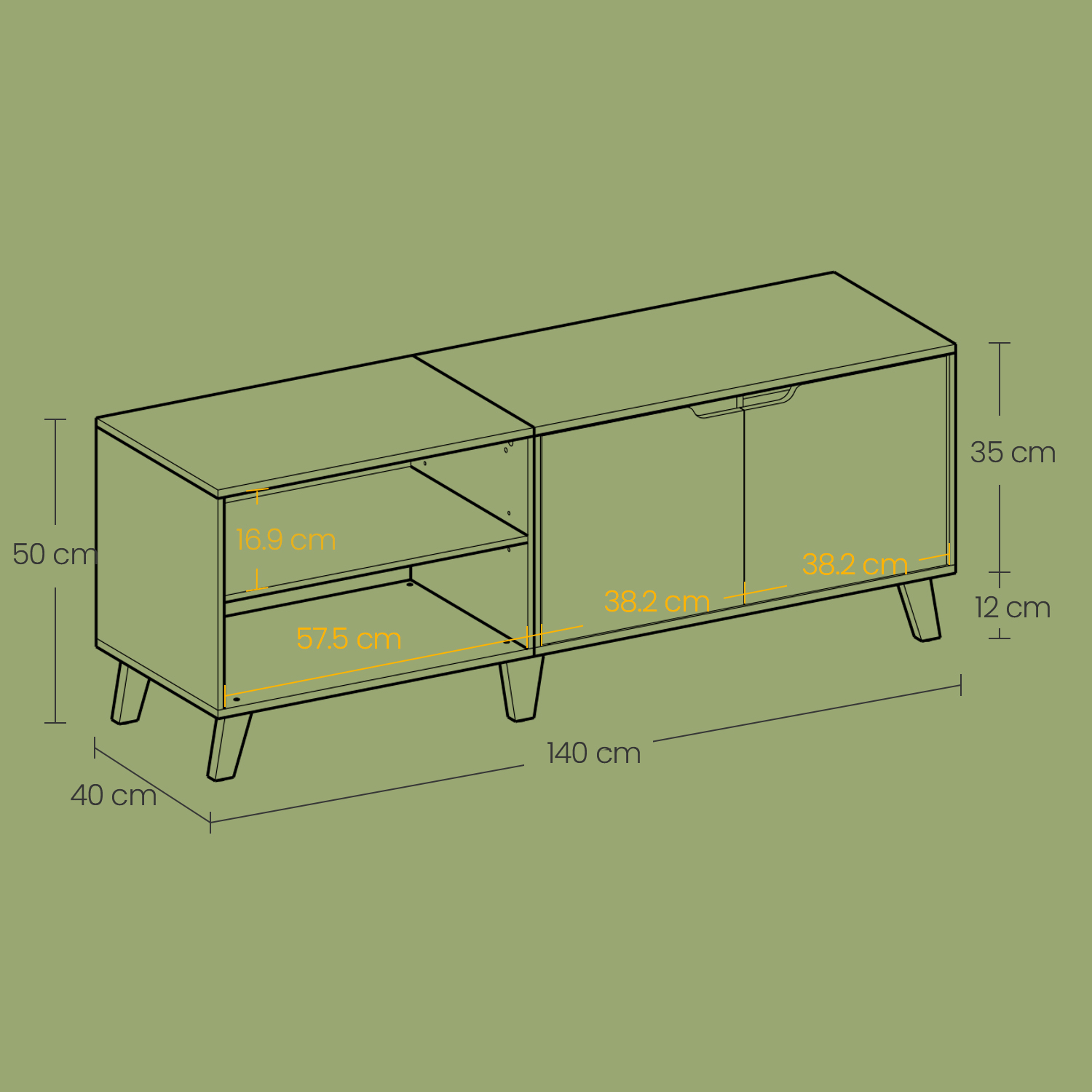 TV cabinet, TV table with 2 doors, 140 cm long - Image 4