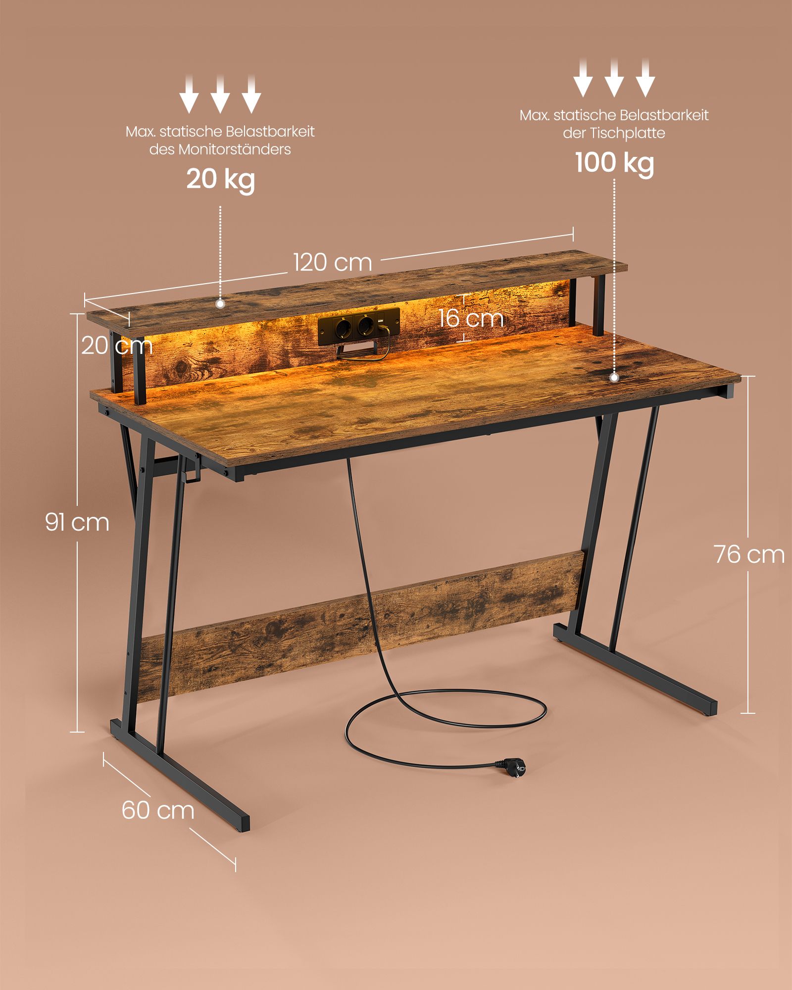 Skrivebord med strømskinne 60 x 120 x 76 cm vintage brun - Billede 5