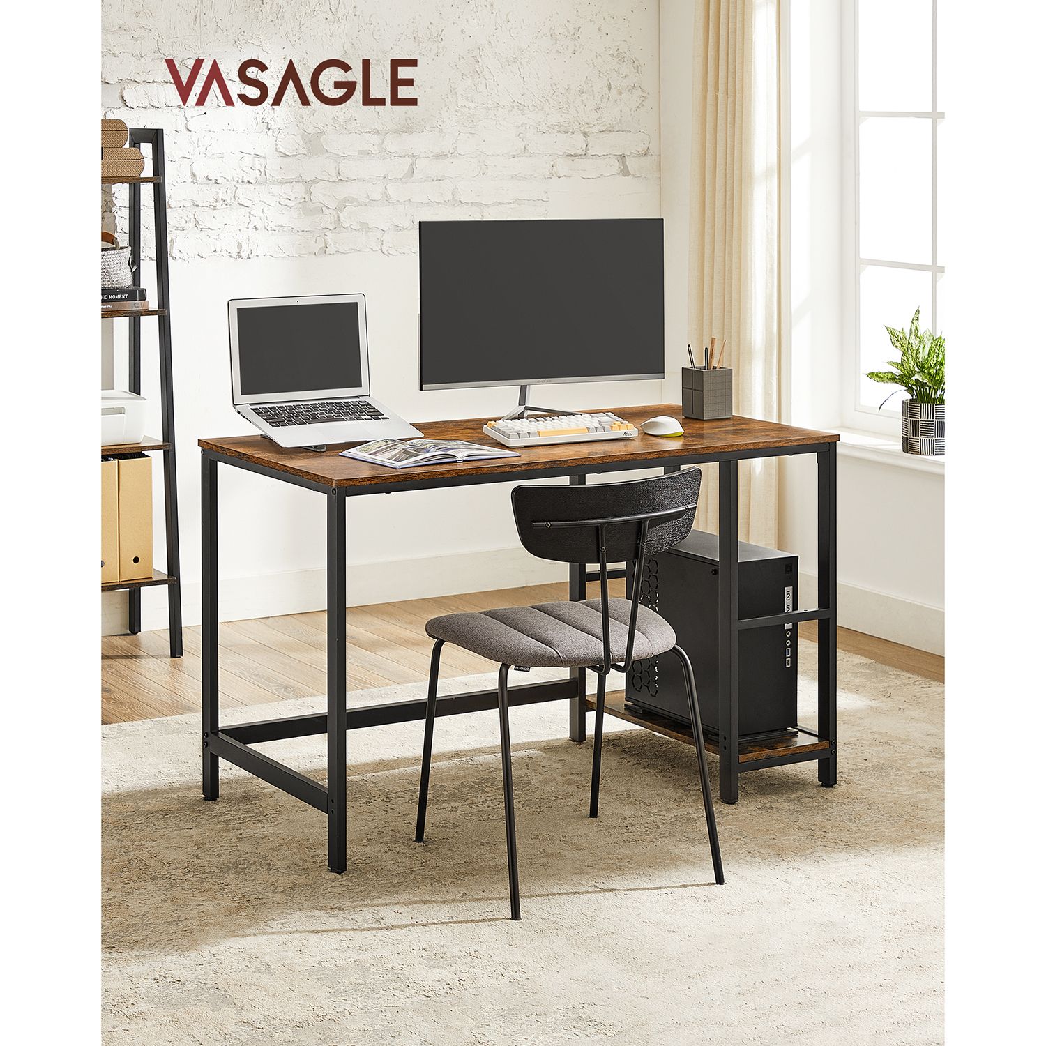 Computer Desk, Writing Desk with 2 Shelves on Left or Right, Work Table for Office Living Room, Steel Frame, Industrial, Rustic Brown and Black LWD47X - Image 2