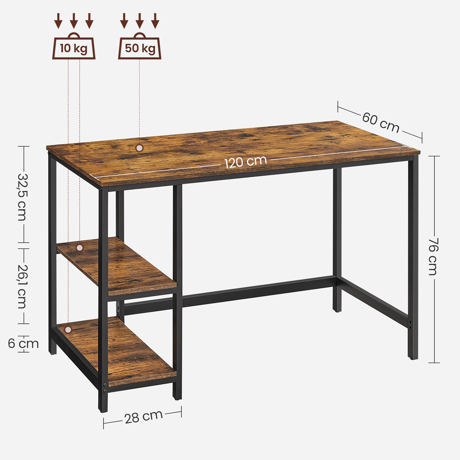 Computer Desk, Writing Desk with 2 Shelves on Left or Right, Work Table for Office Living Room, Steel Frame, Industrial, Rustic Brown and Black LWD47X - Image 4