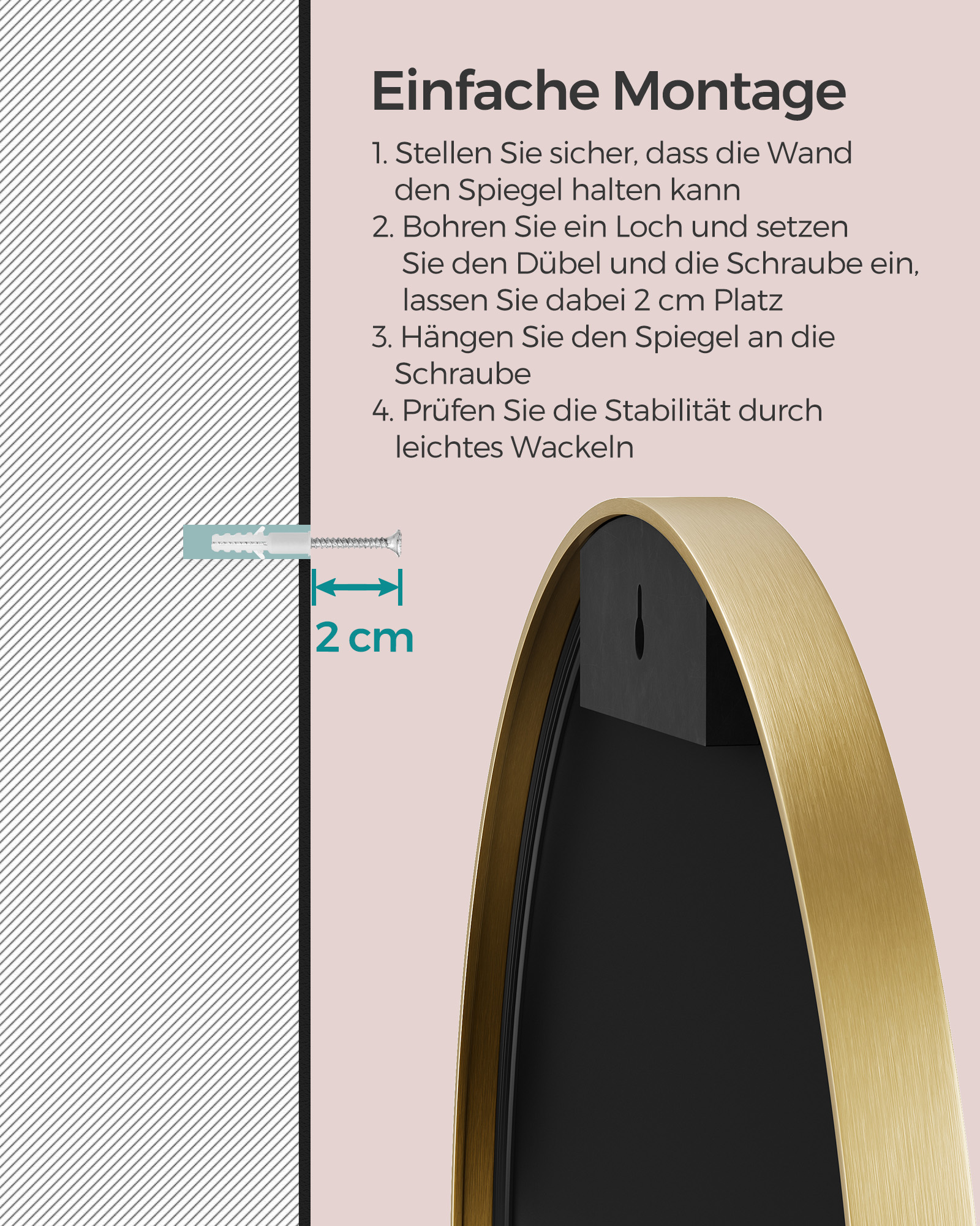 Spejl rund nem montering moderne metallisk guld - Billede 5